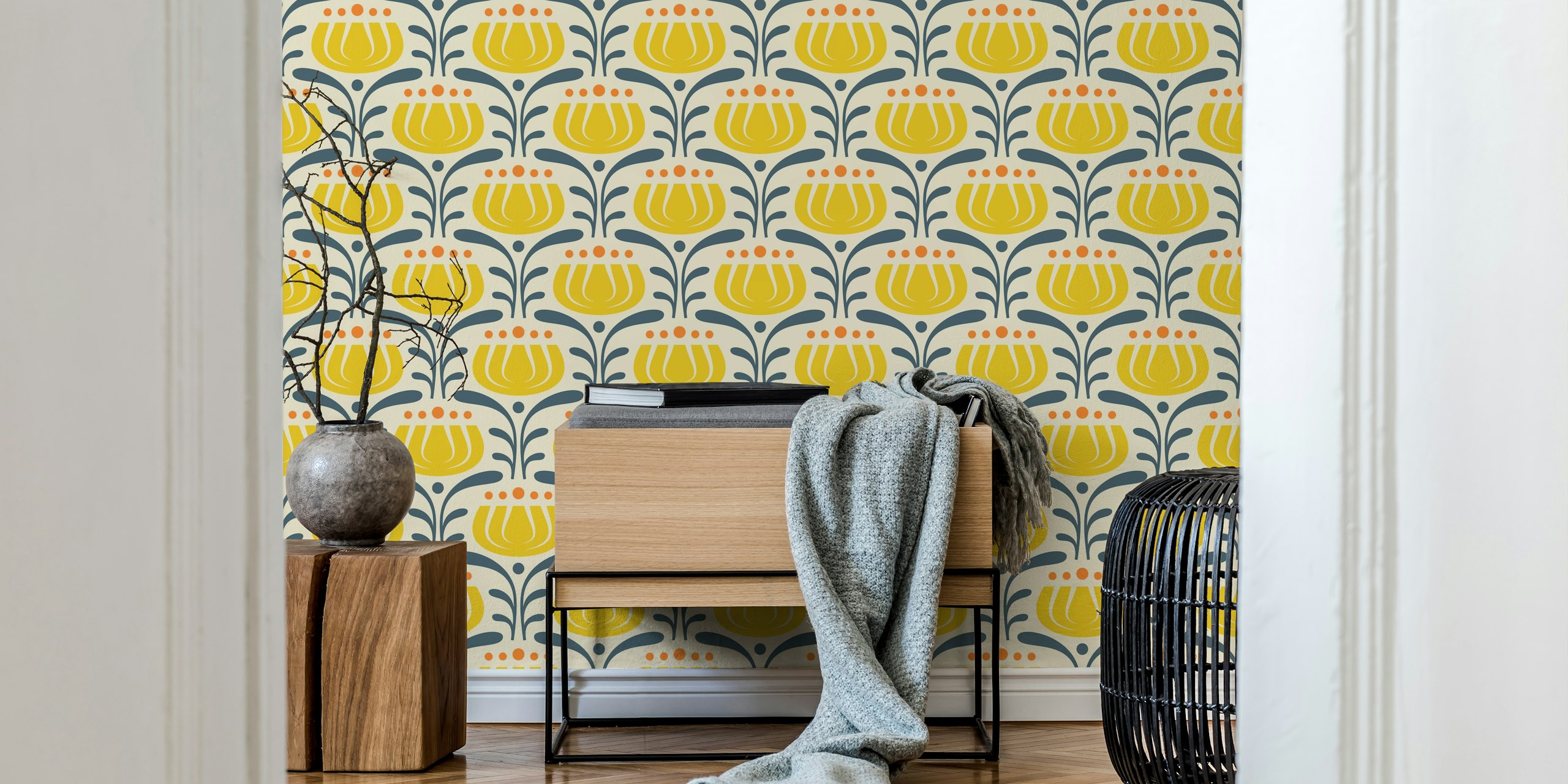 Yellow tulips with blue leaves pattern wallpaper