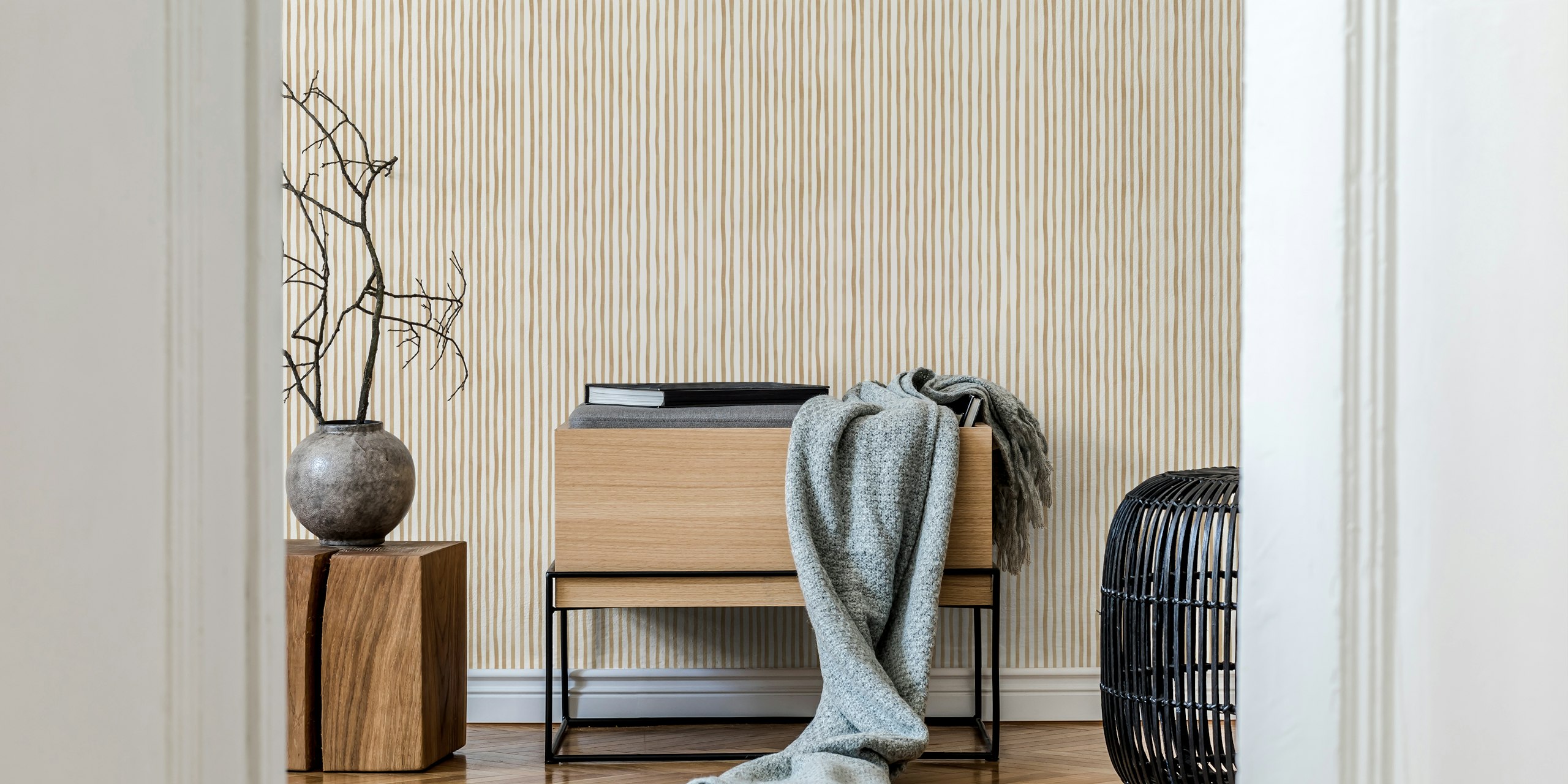 Beige and cream striped wallpaper in a seamless pattern.