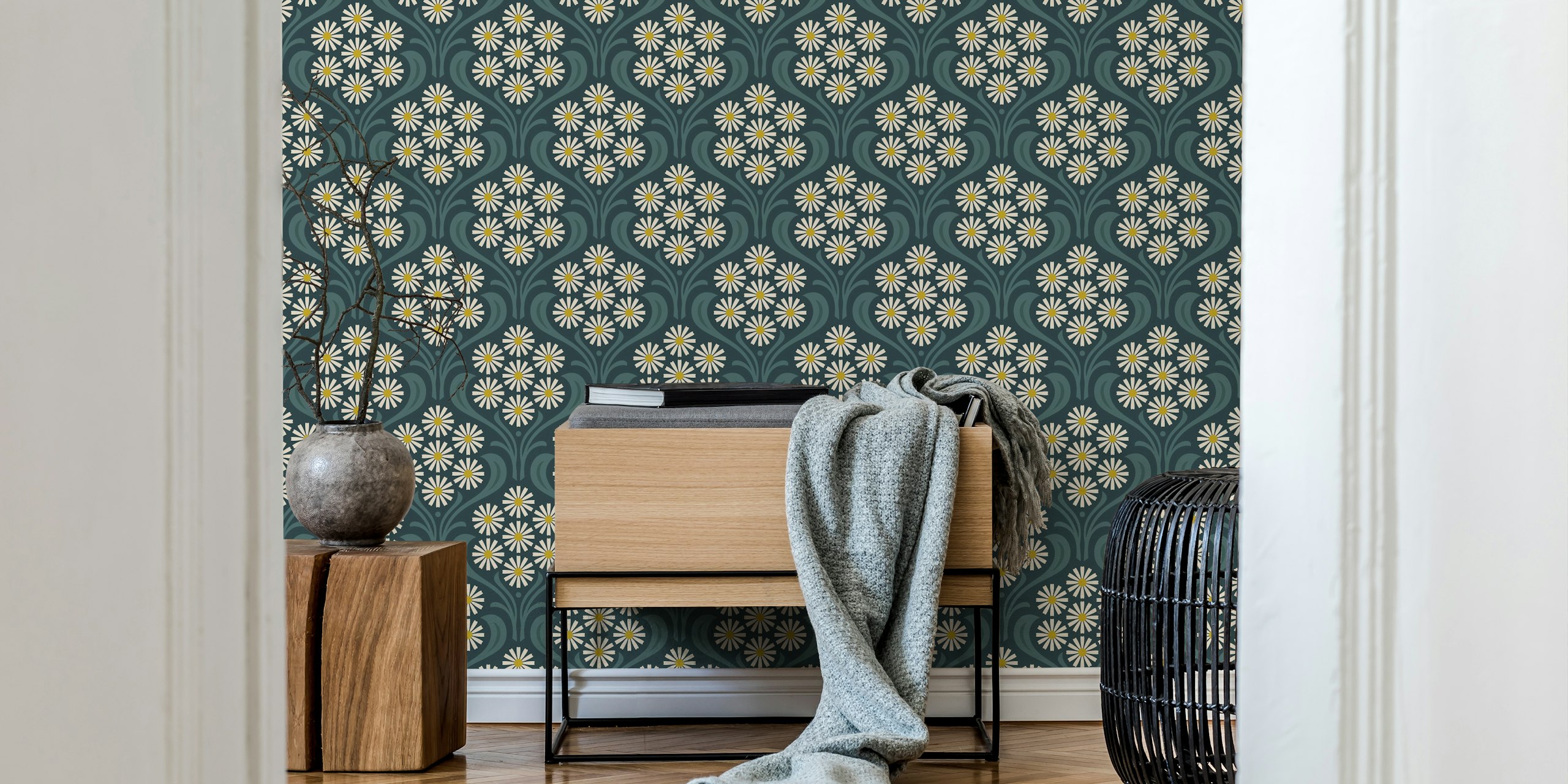 Vintage Daisy Delight wallpaper v pokojovém uspořádání