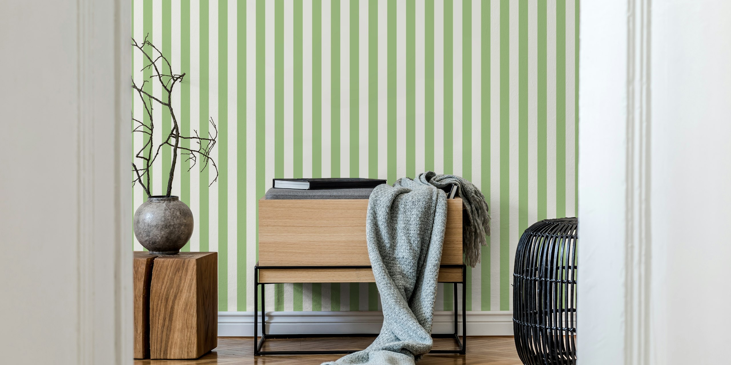 Narrow vertical stripes sage green and cream wallpaper