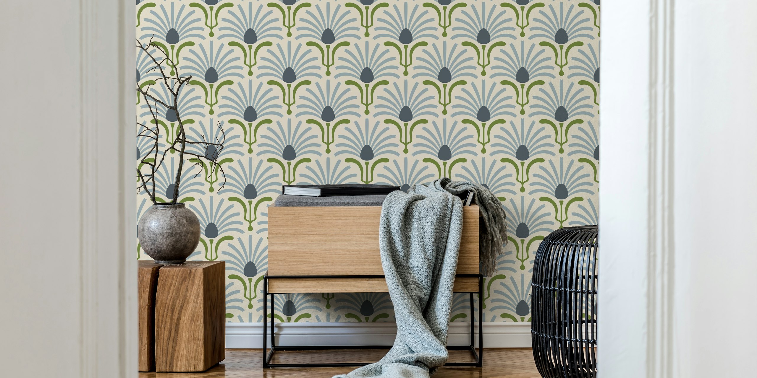 Bohemian floral design with gray, green, and blue tones wallpaper