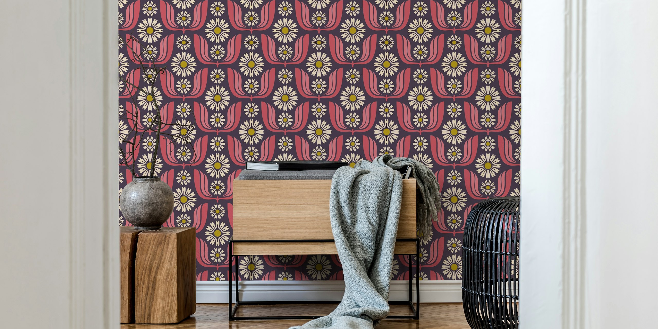 Magenta floral daisy pattern wallpaper with pink and cream elements