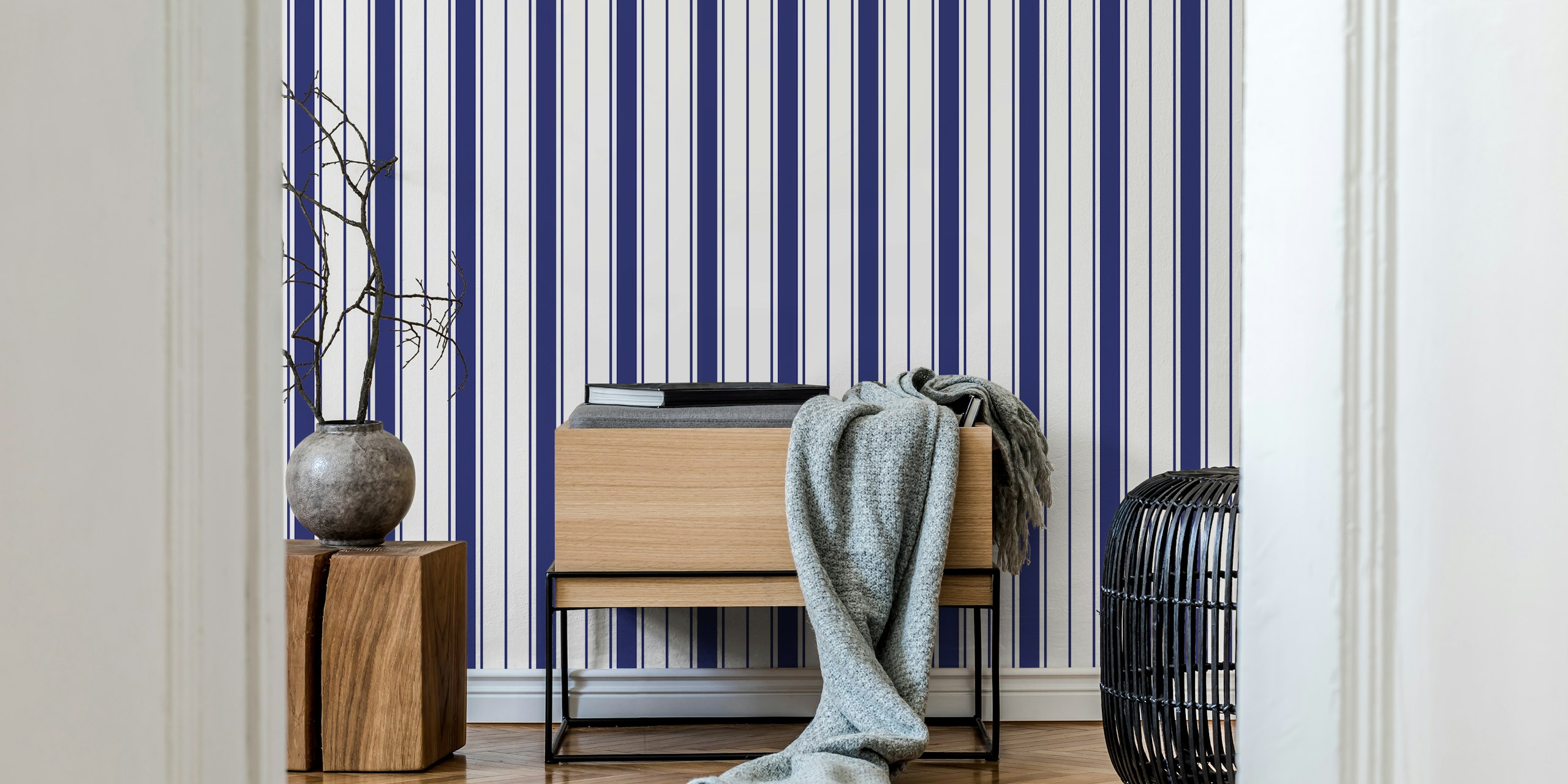 Navy stripes on white wallpaper, nautical style