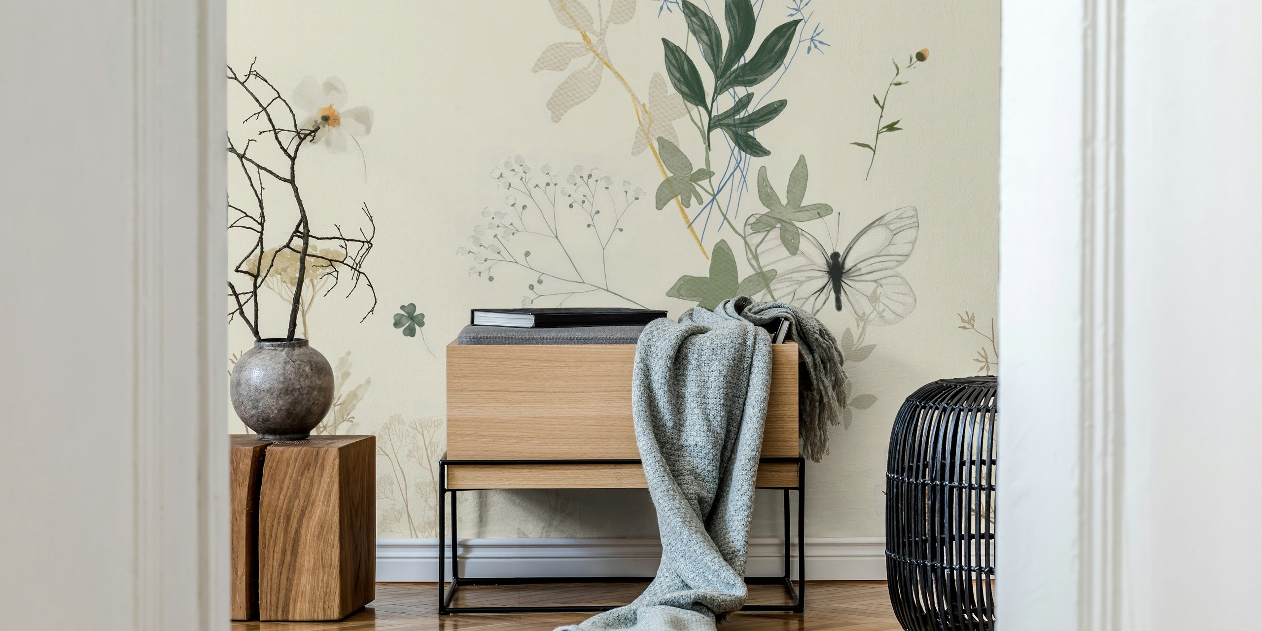 Delicate floral and butterfly pattern in muted tones wallpaper