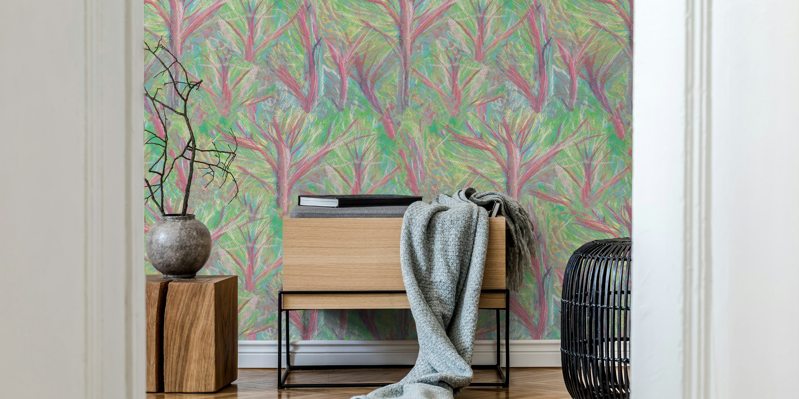 Abstract foliage pattern with green background and colorful tree designs wallpaper