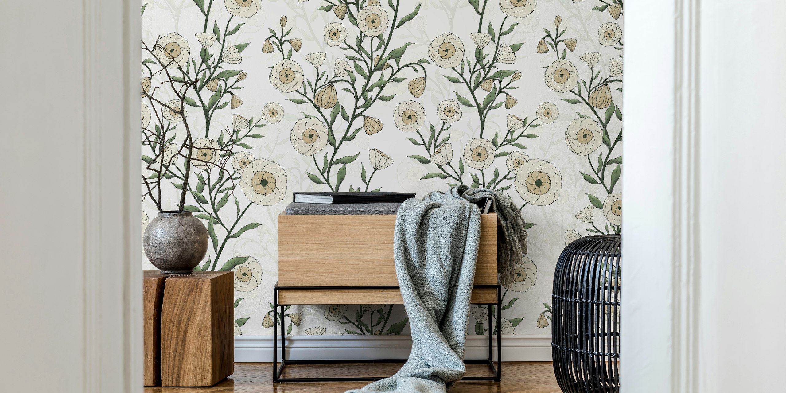 Floral design with spiraled white flowers and green leaves wallpaper