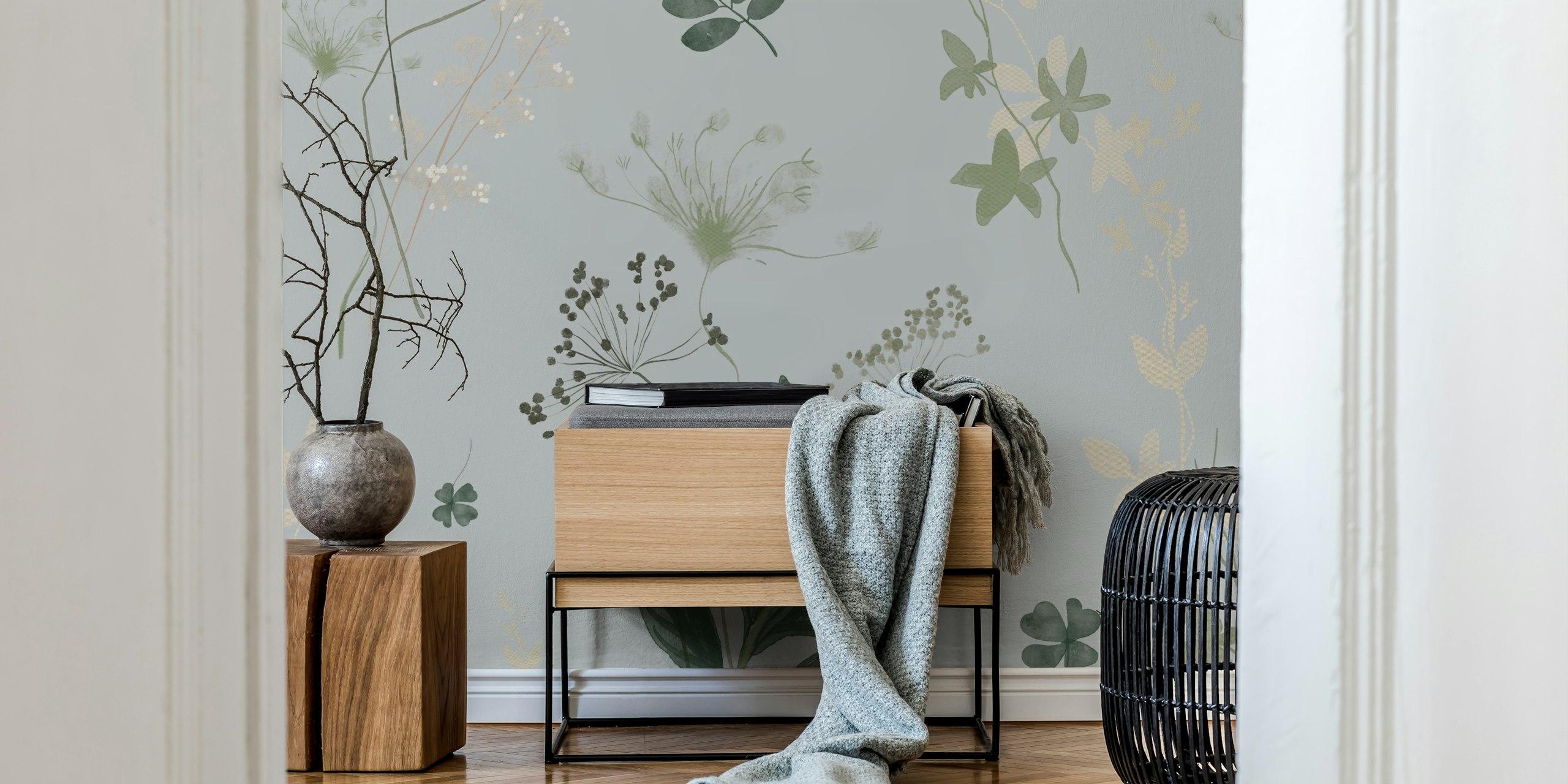 Botanical green leaves and flowers on soft gray wallpaper