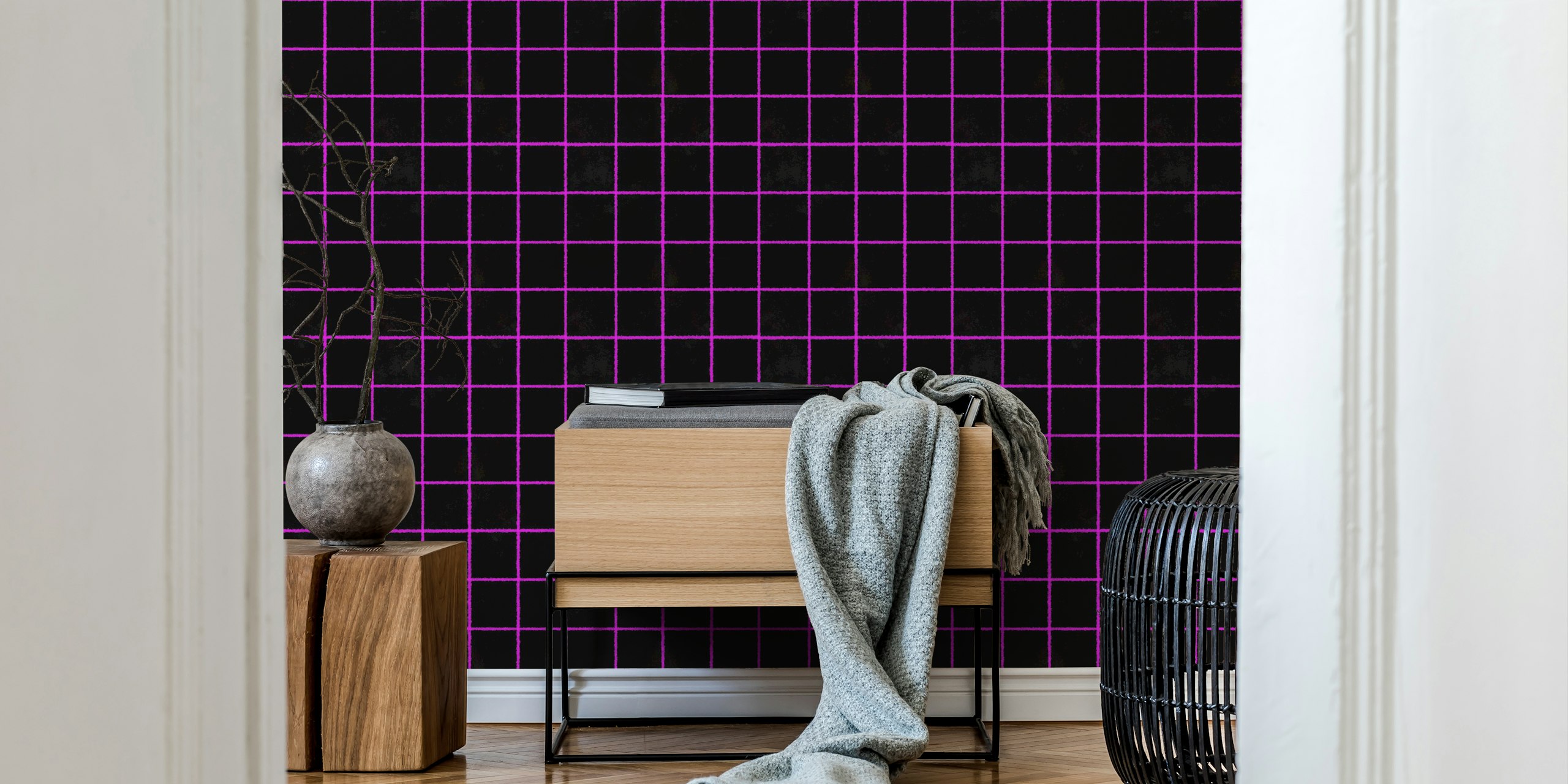 Black gridlines with pink outlines modern wallpaper