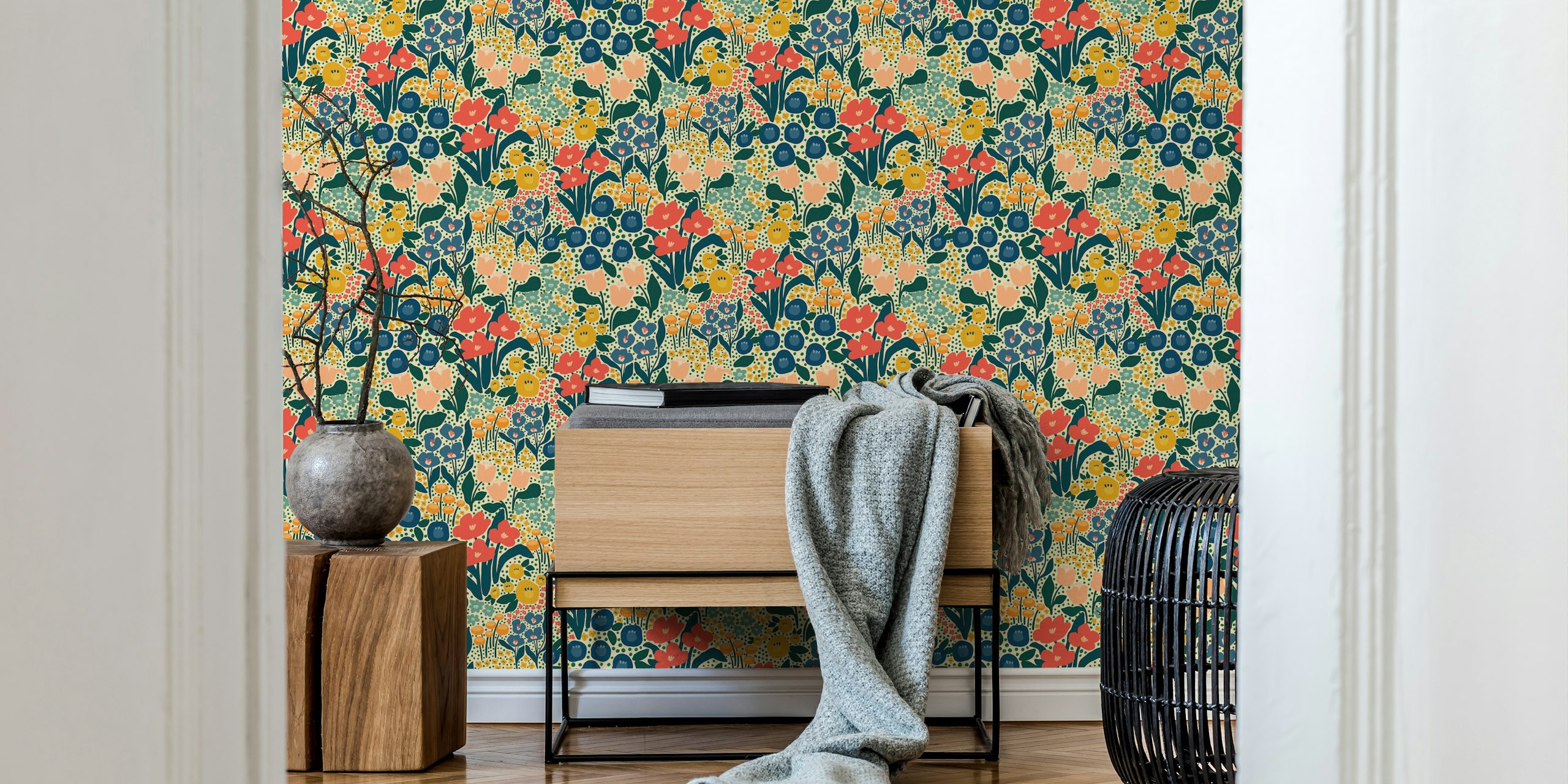 Colorful floral patterns with red and blue flowers on cream wallpaper