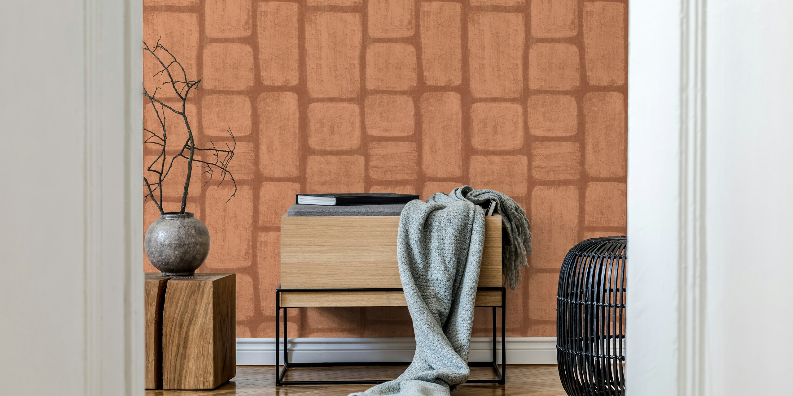 Terracotta geometric shapes on a textured background wallpaper