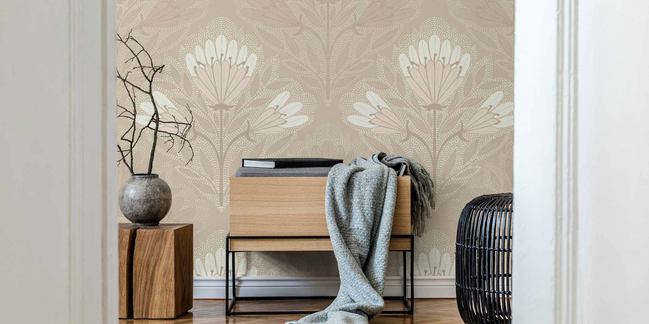 Floral pattern with soft neutral colors, delicate flowers and leaves wallpaper