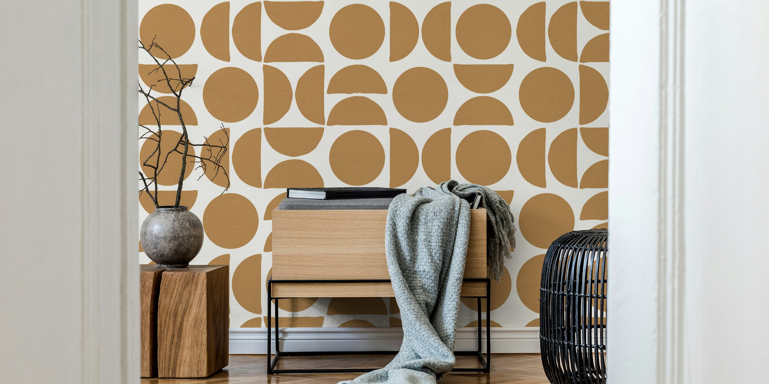 Mustard circle shapes wallpaper in a room