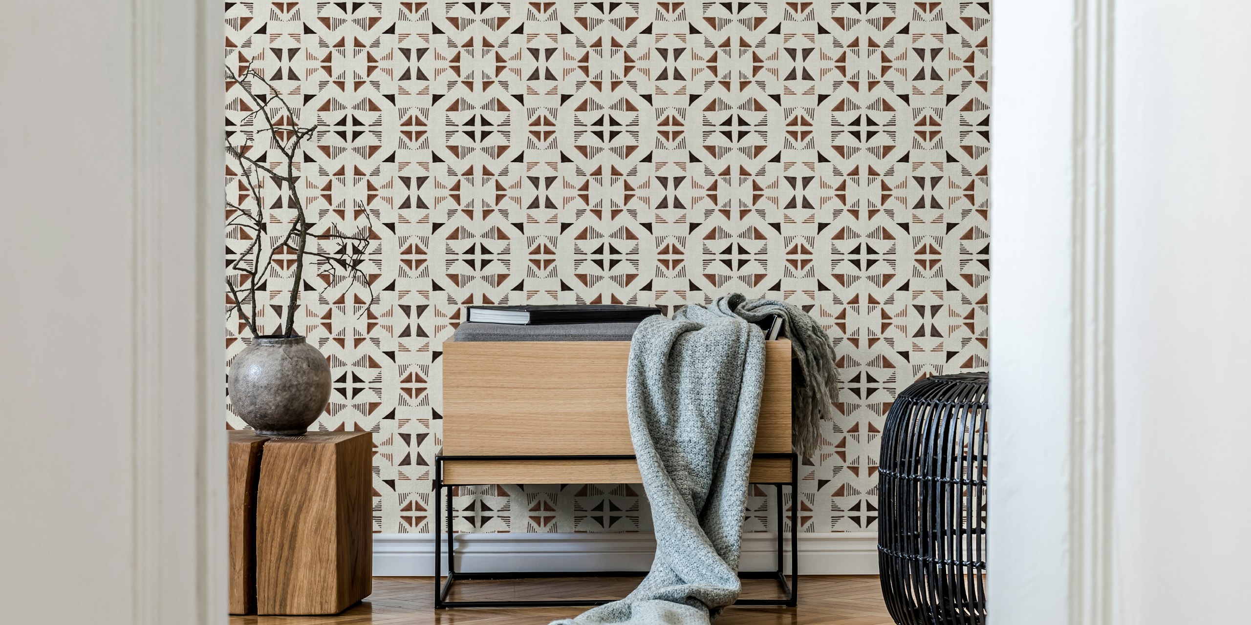 Geometric design featuring brown and beige triangles and lines wallpaper