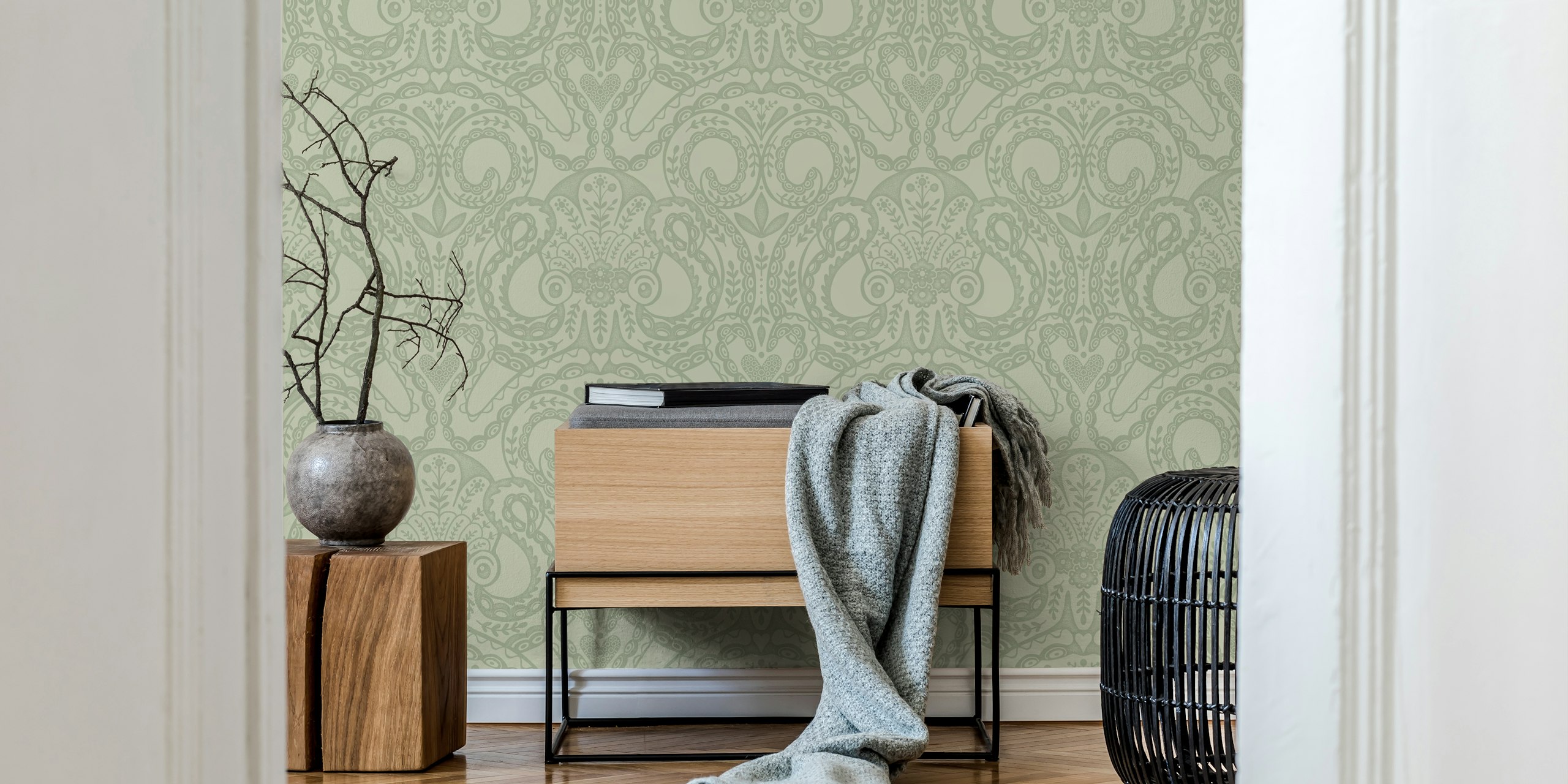 Octopus damask pattern in pale sage green wallpaper