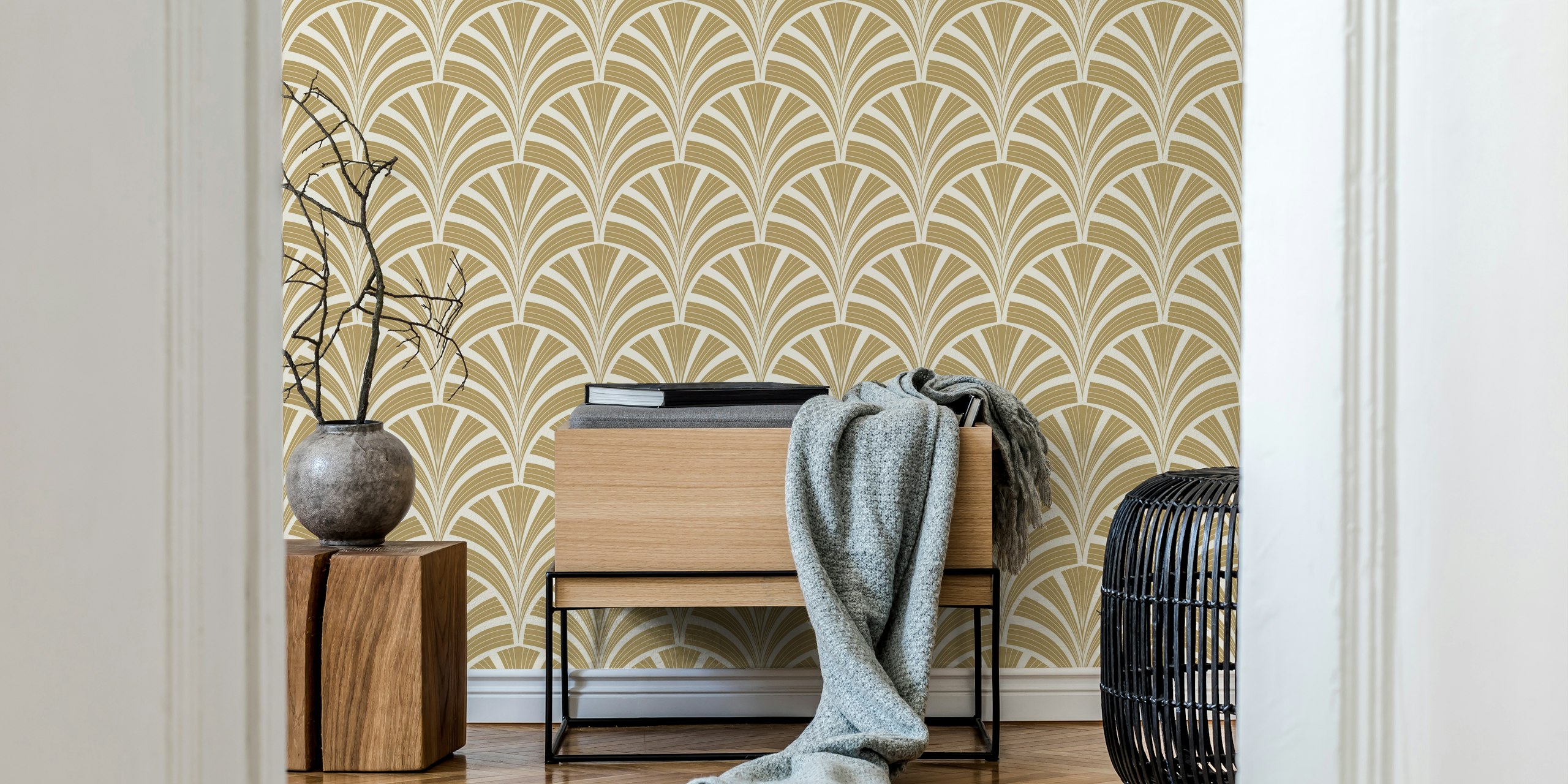 Art Deco Palm Frond wallpaper in a room