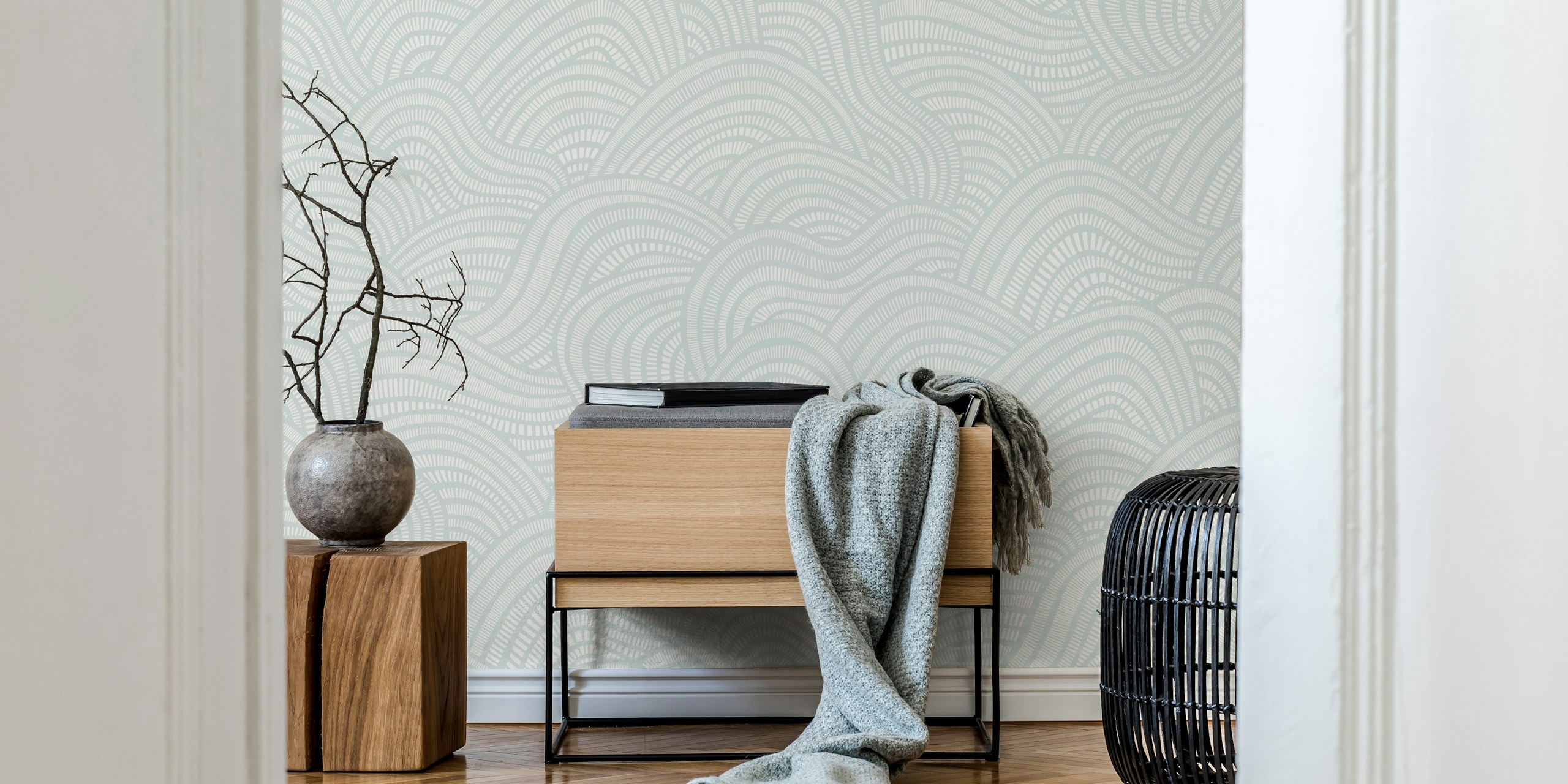 Ταπετσαρία Striped wavy shapes mint σε ένα δωμάτιο