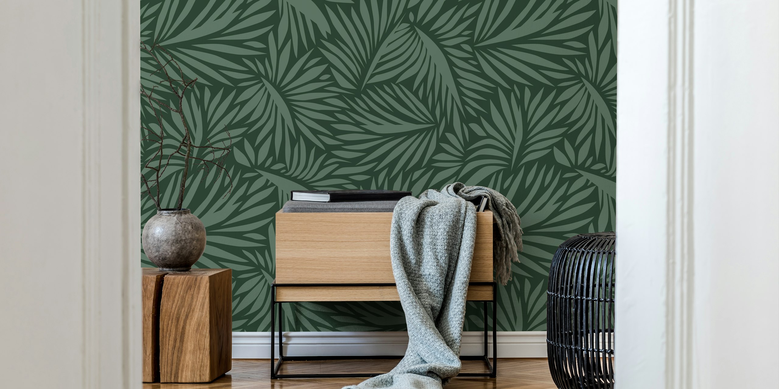 Tropical leaf pattern in dark green tones wallpaper