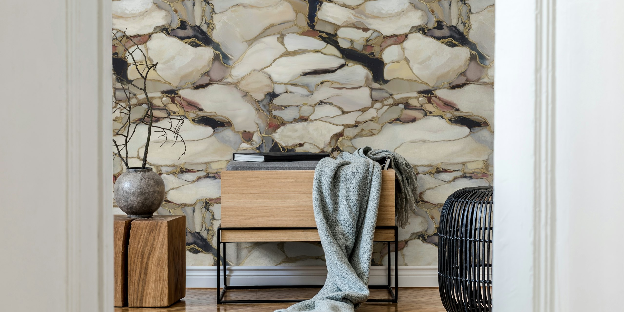 Elegant marble flow wallpaper in soft white, gray, and gold hues