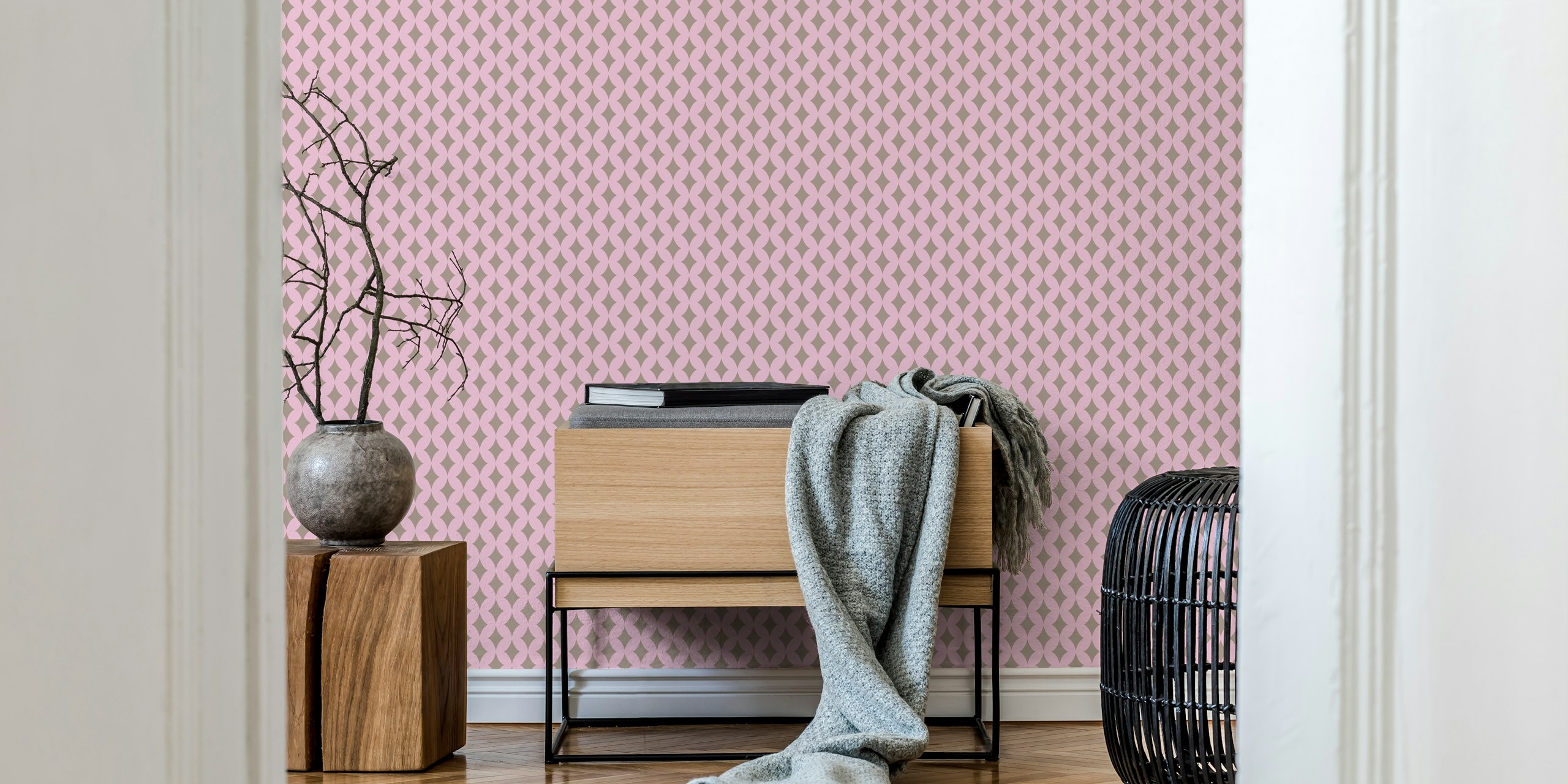 Pink and gray retro waves tapet i ett rum