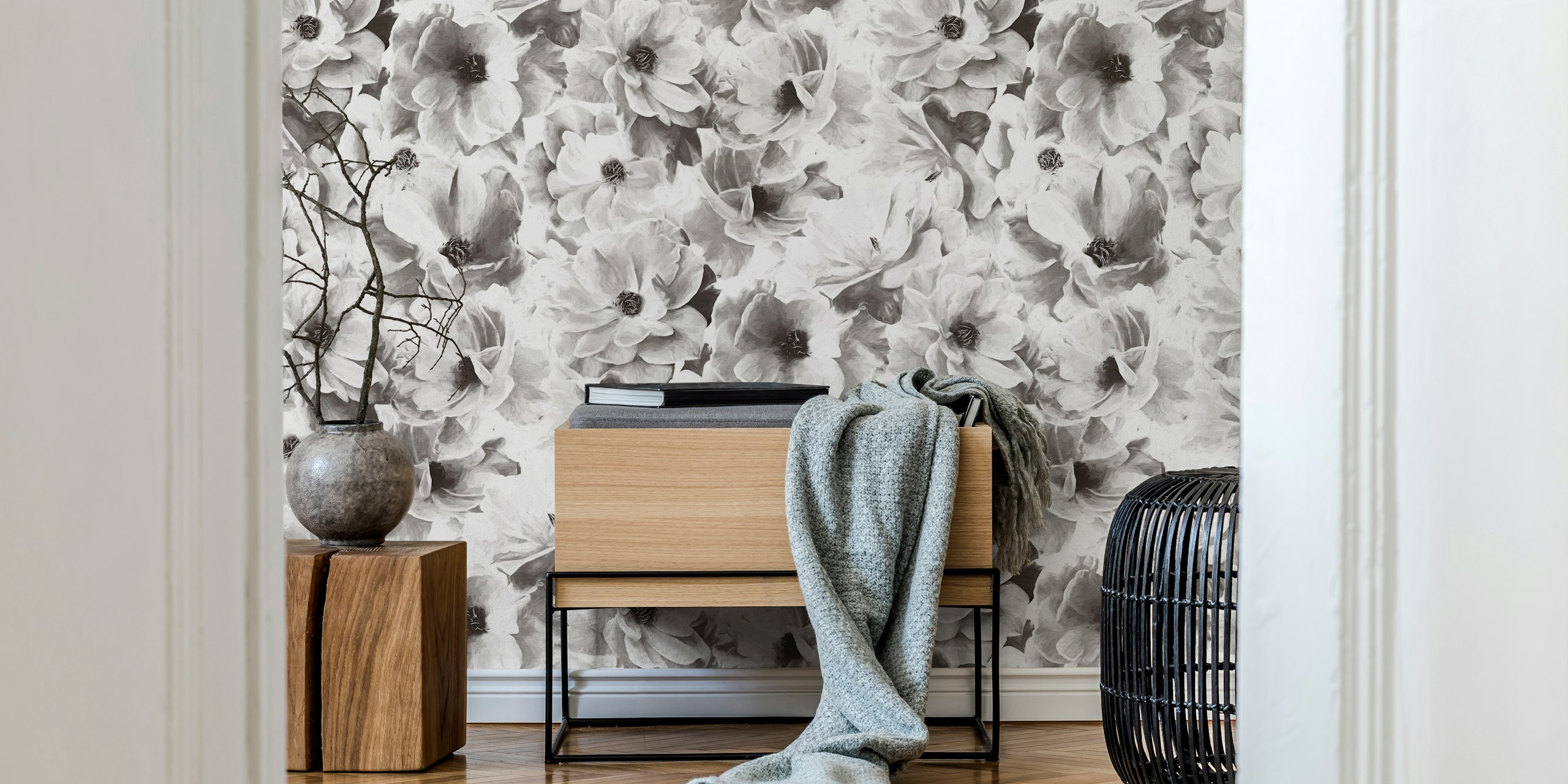Blooming roses in monochrome black and white wallpaper