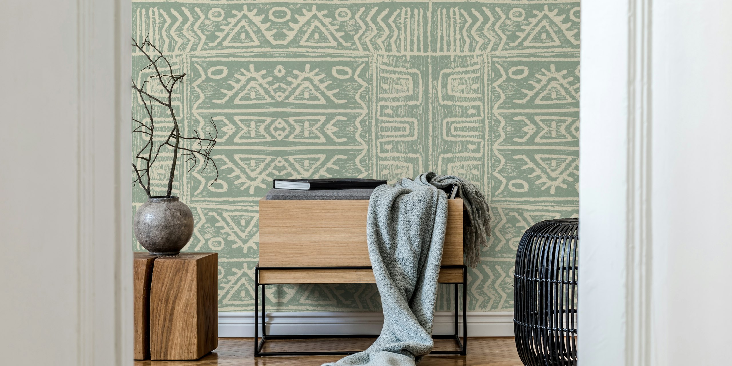 Ταπετσαρία Mudcloth Green εμφανιζόμενη σε ένα δωμάτιο