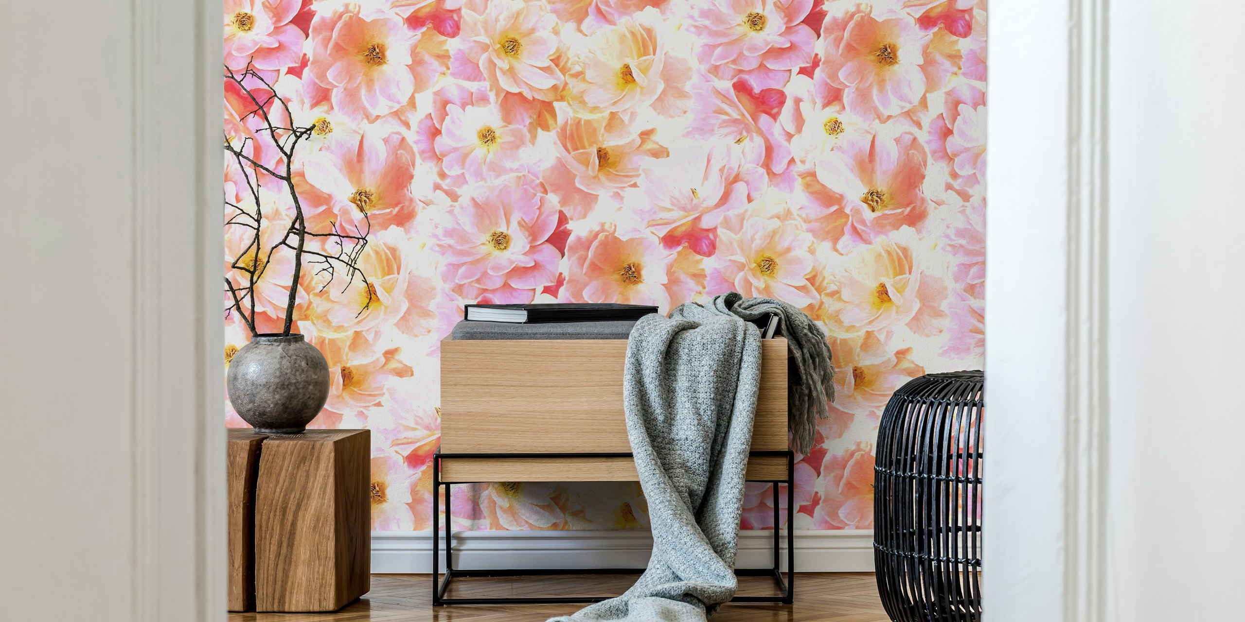 Candy Pink og Pastel Peach Roses tapetdesign