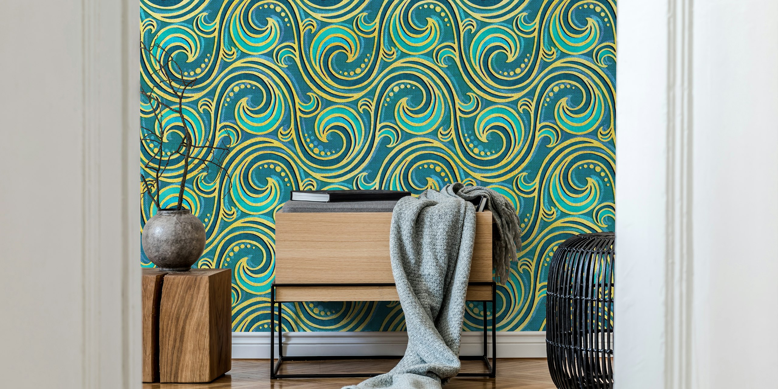 Teal ocean waves with golden swirls, Rococo style wallpaper