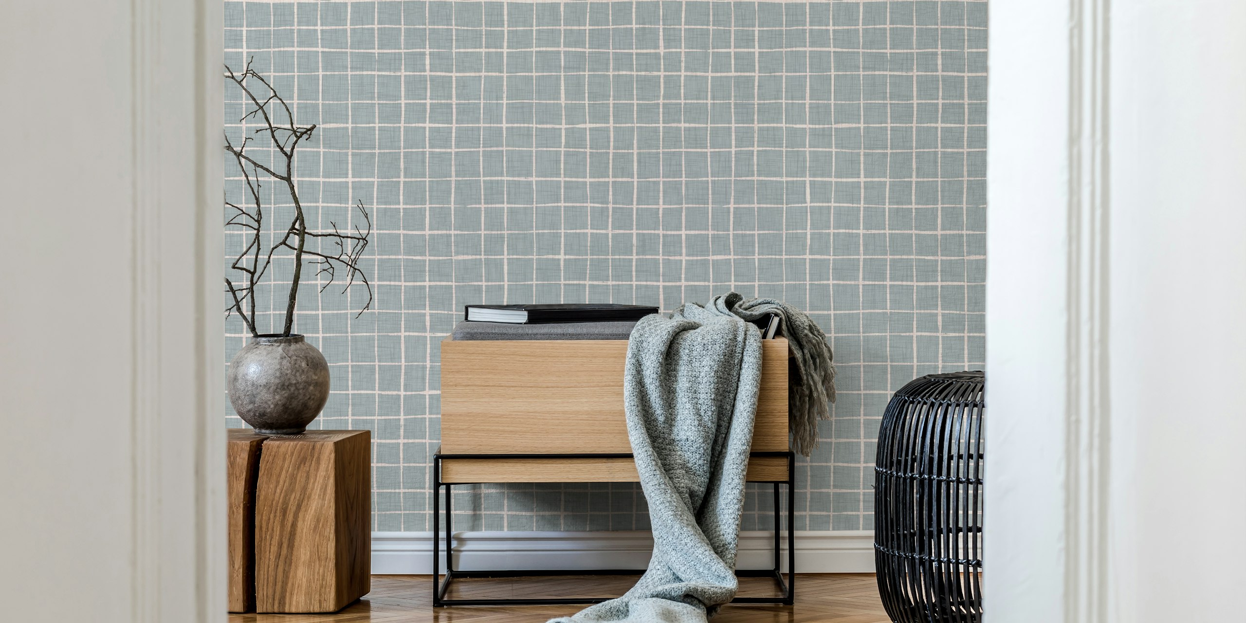 Soft blue grid lines pattern on white wallpaper