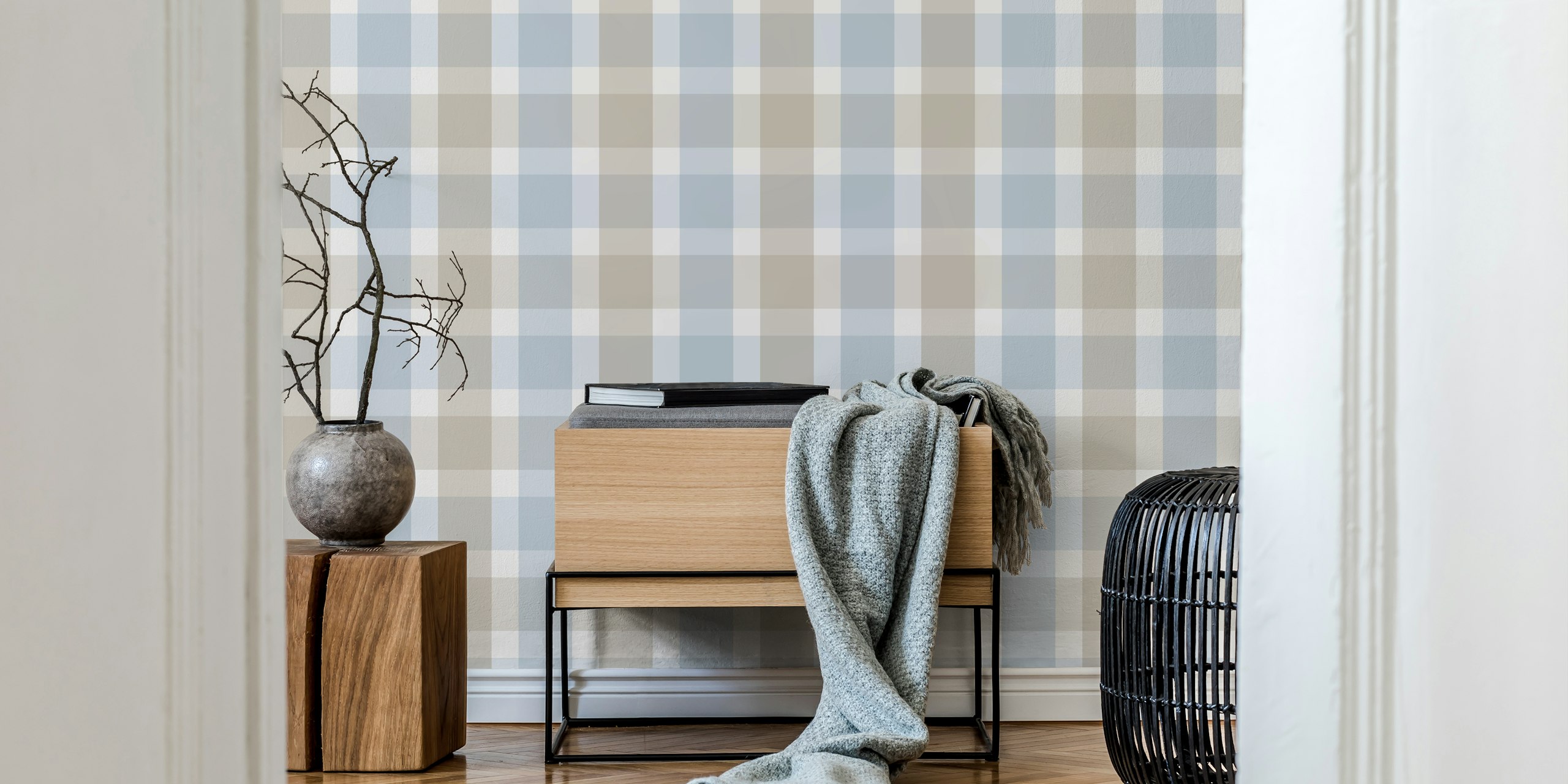 Powder blue plaid pattern wallpaper with beige squares
