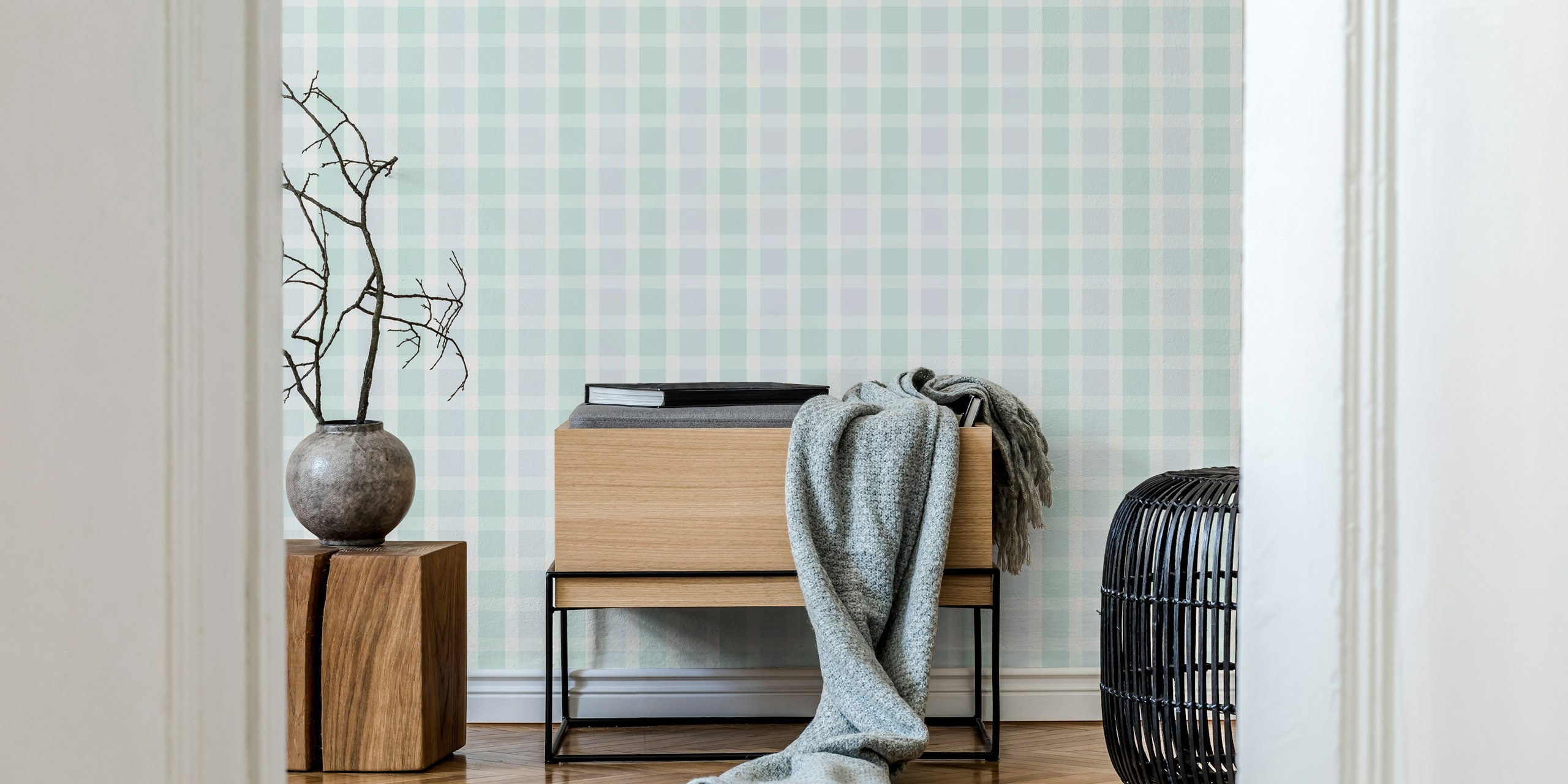 Rustic plaid wallpaper in a stylish interior