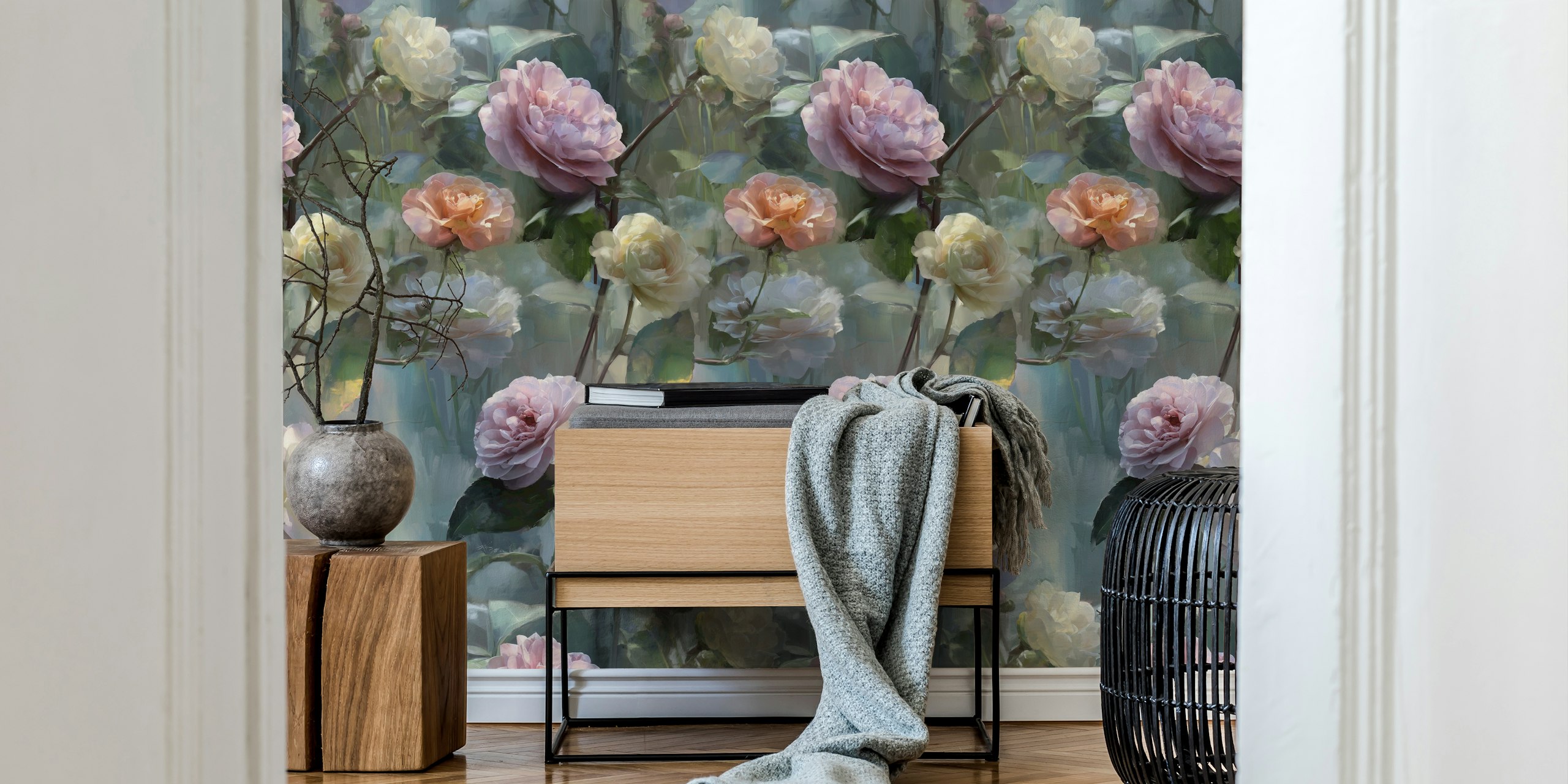 Papel pintado floral Elegant Rose Dreams en una habitación