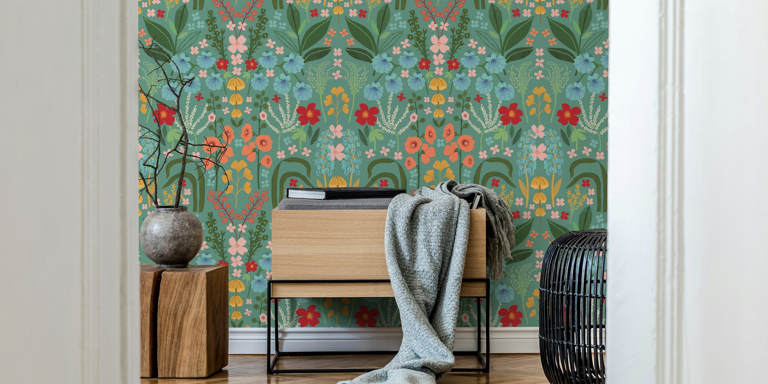 Colorful floral pattern with bluebells, pink flowers, and green leaves wallpaper