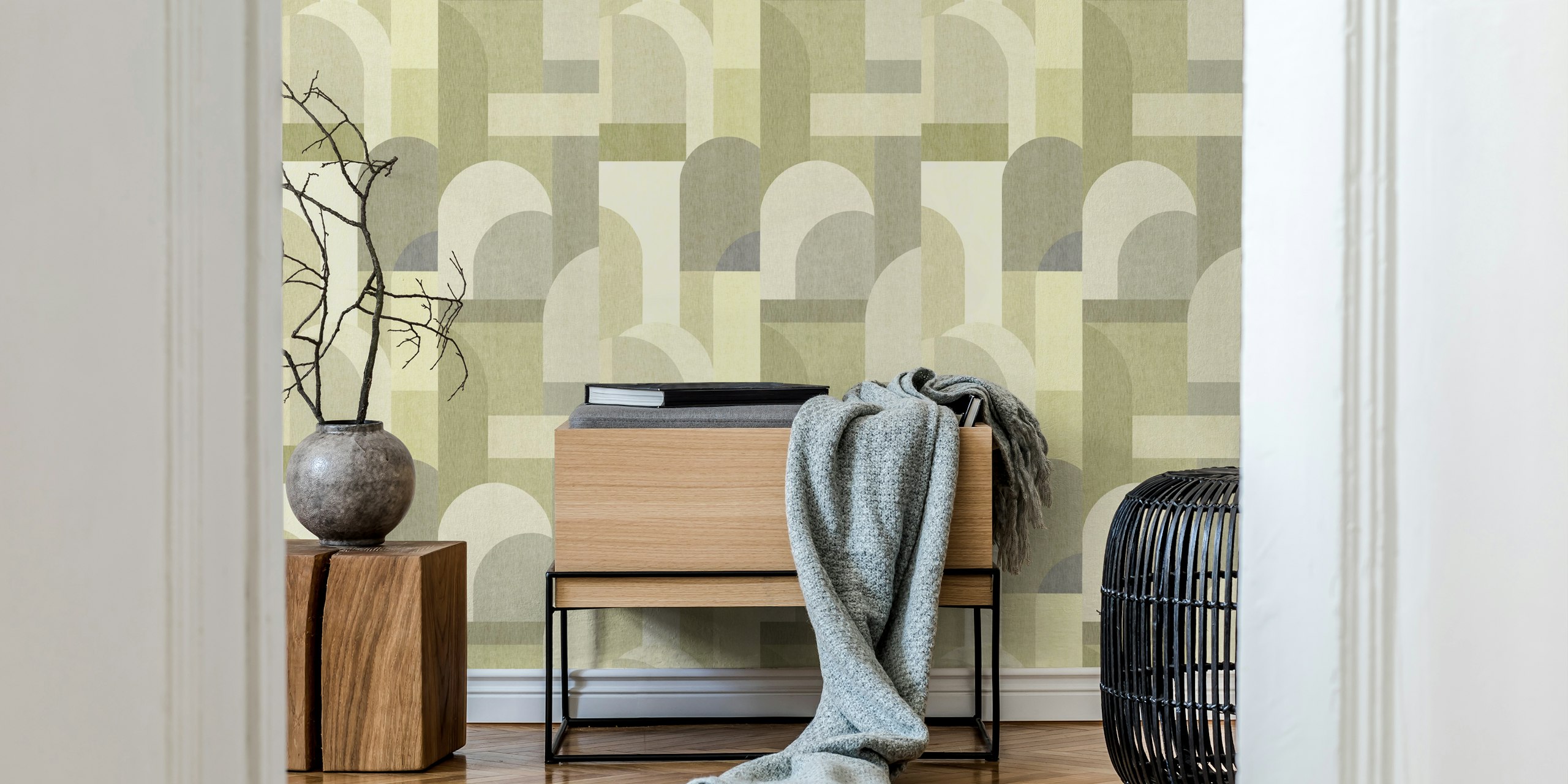 Soft green geometric wallpaper in a room