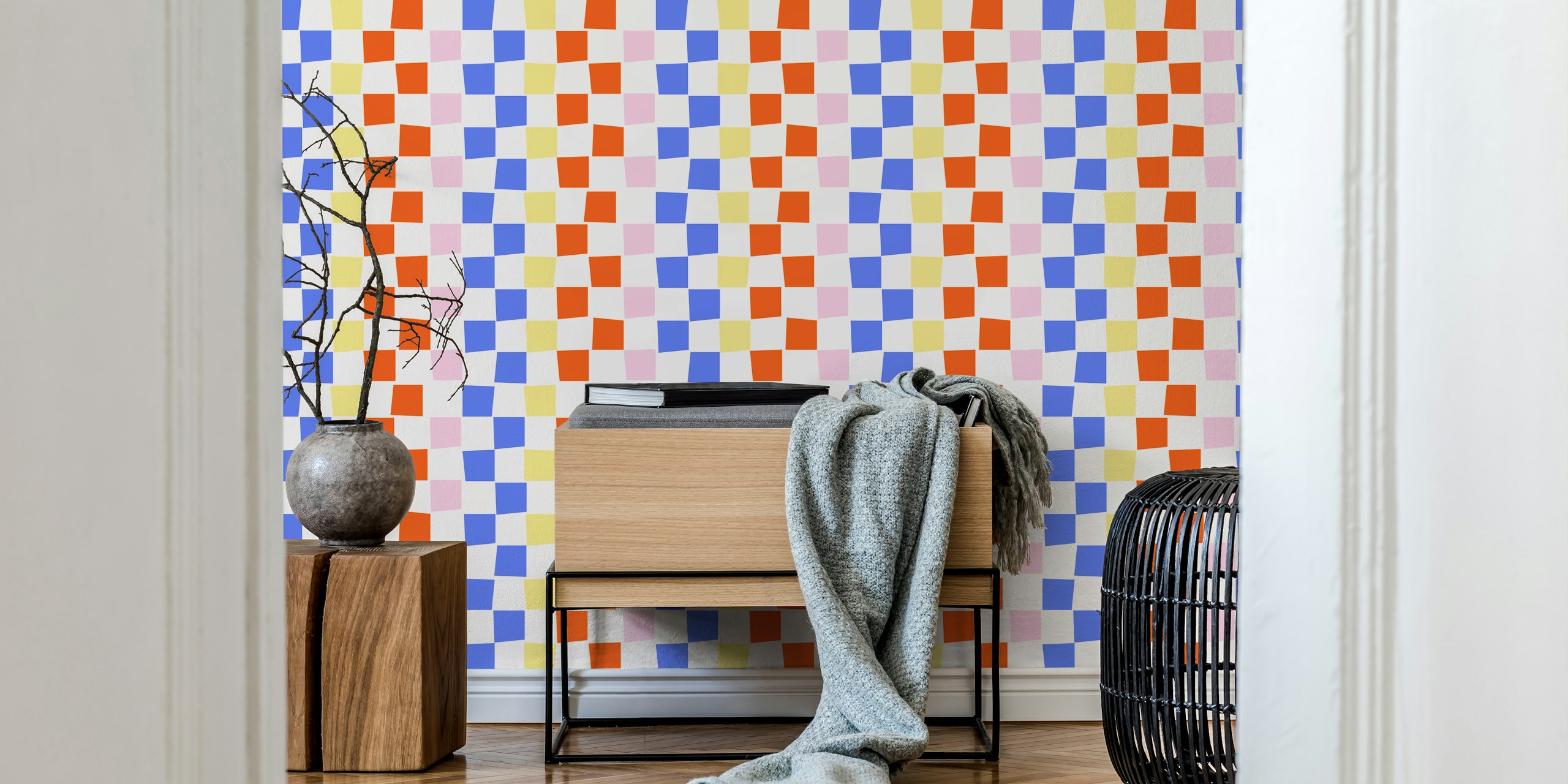 Colorful geometric tiles in blue, orange, pink, yellow on white wallpaper