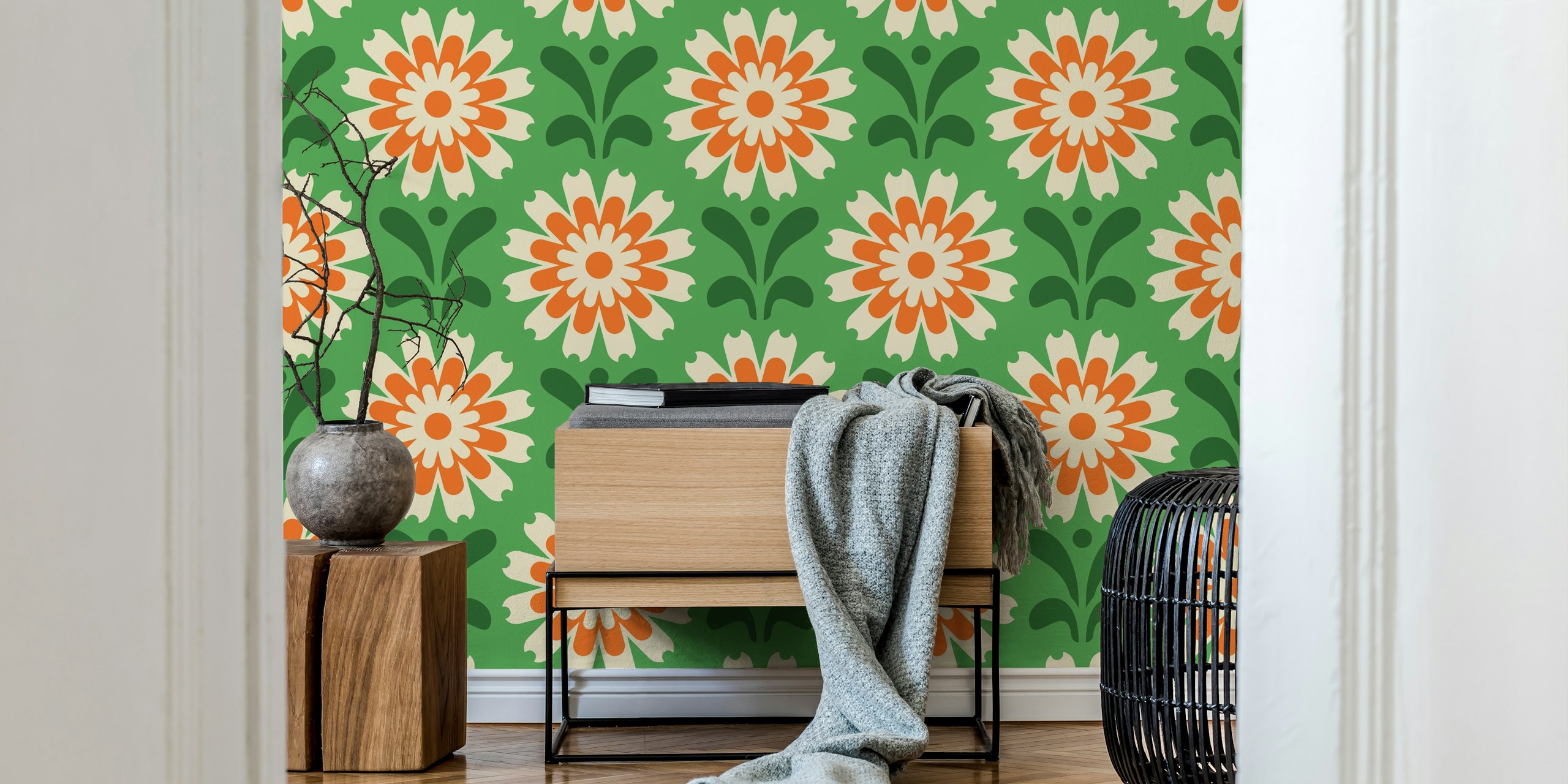 Rustic Daisy Harmony wallpaper em um quarto