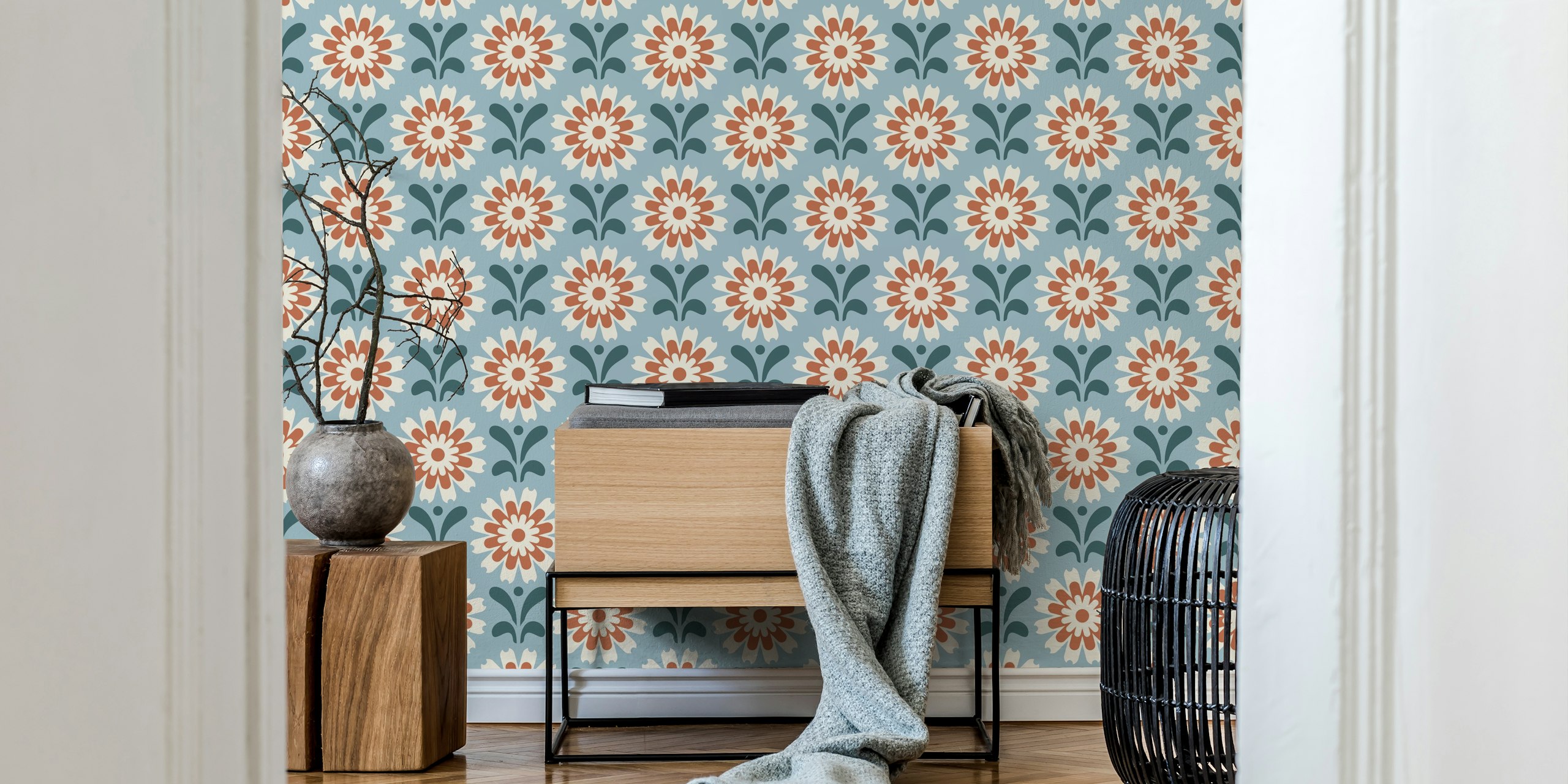 Rustic floral pattern with blue background, red and cream flowers, wall mural