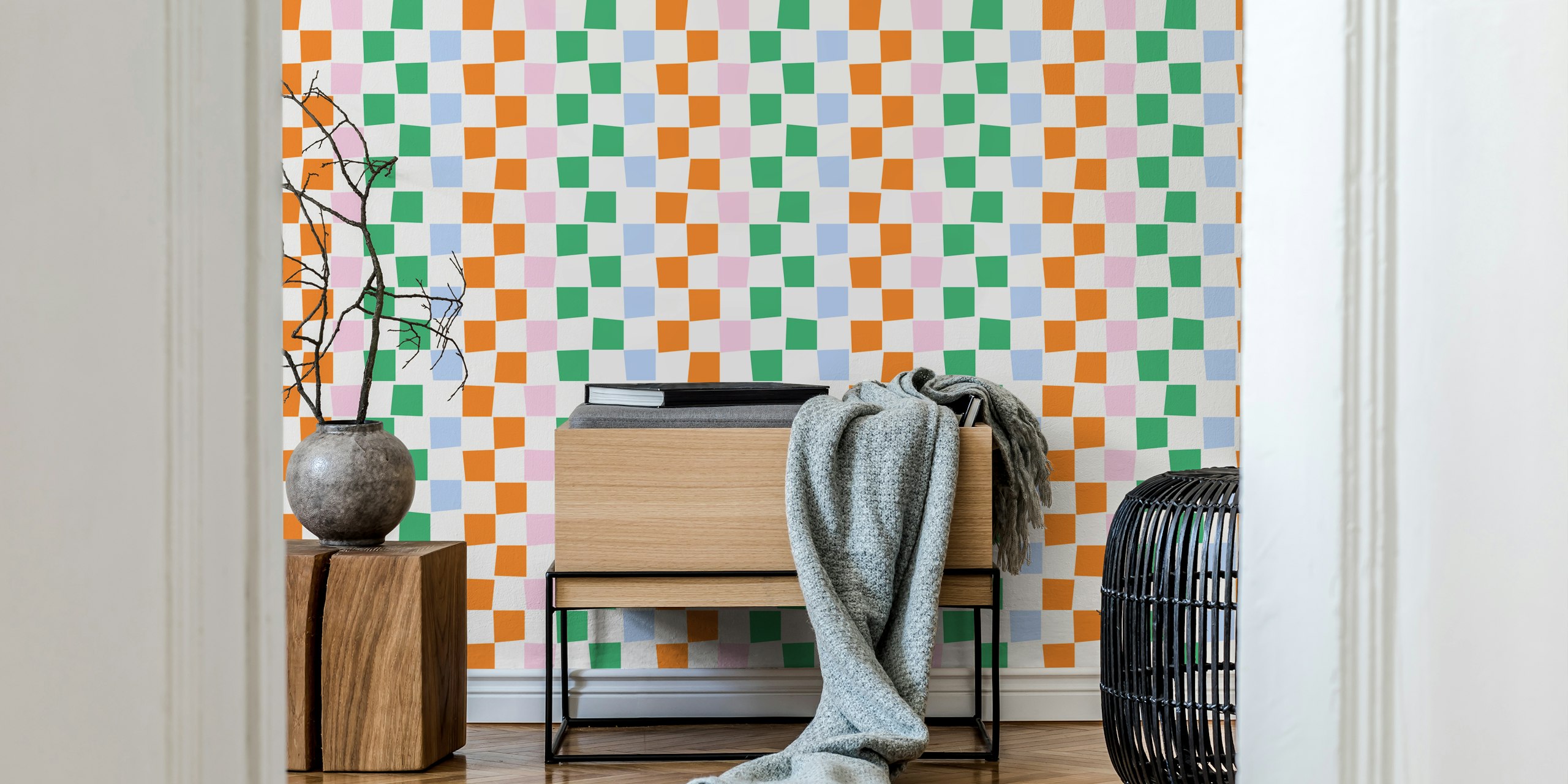 Colorful patchwork wallpaper in a room