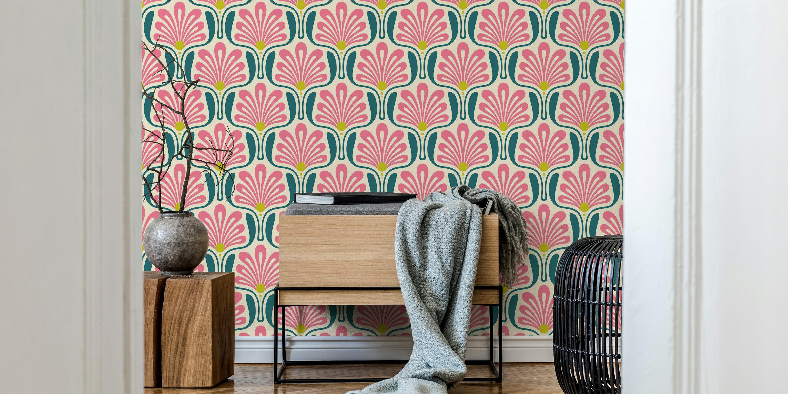 Art Deco floral waves in pink and green wallpaper