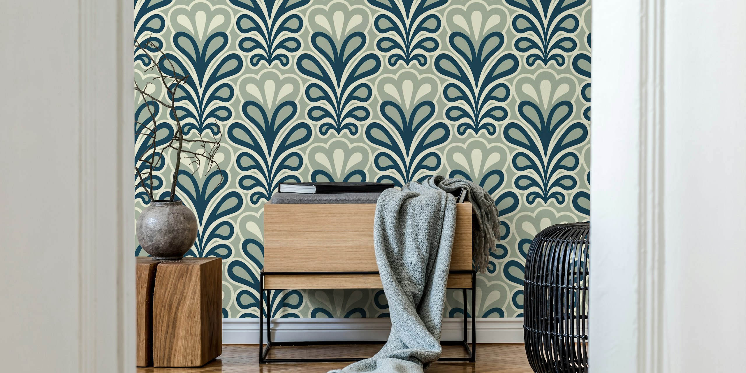 Vintage peony - lily blossoms navy grey papel pintado