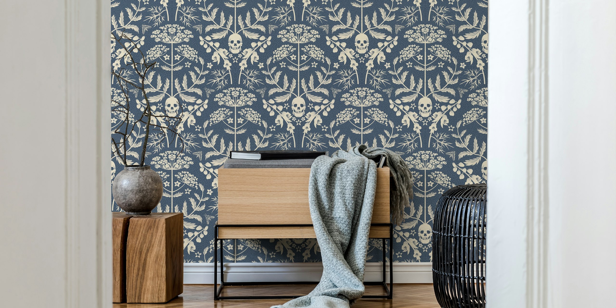 Decorative Nocturnal Skulls and Flowers wallpaper