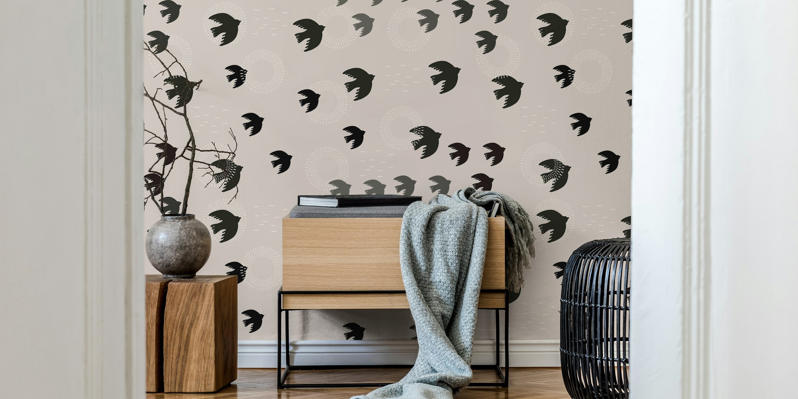 Black birds flying on a soft gray background wallpaper