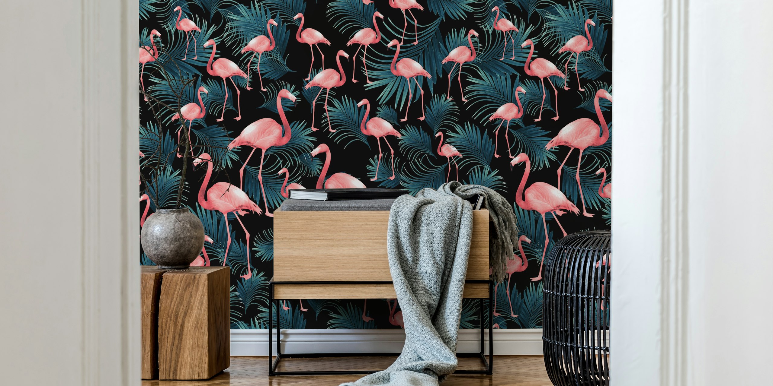 Summer flamingo palm pattern wallpaper in room