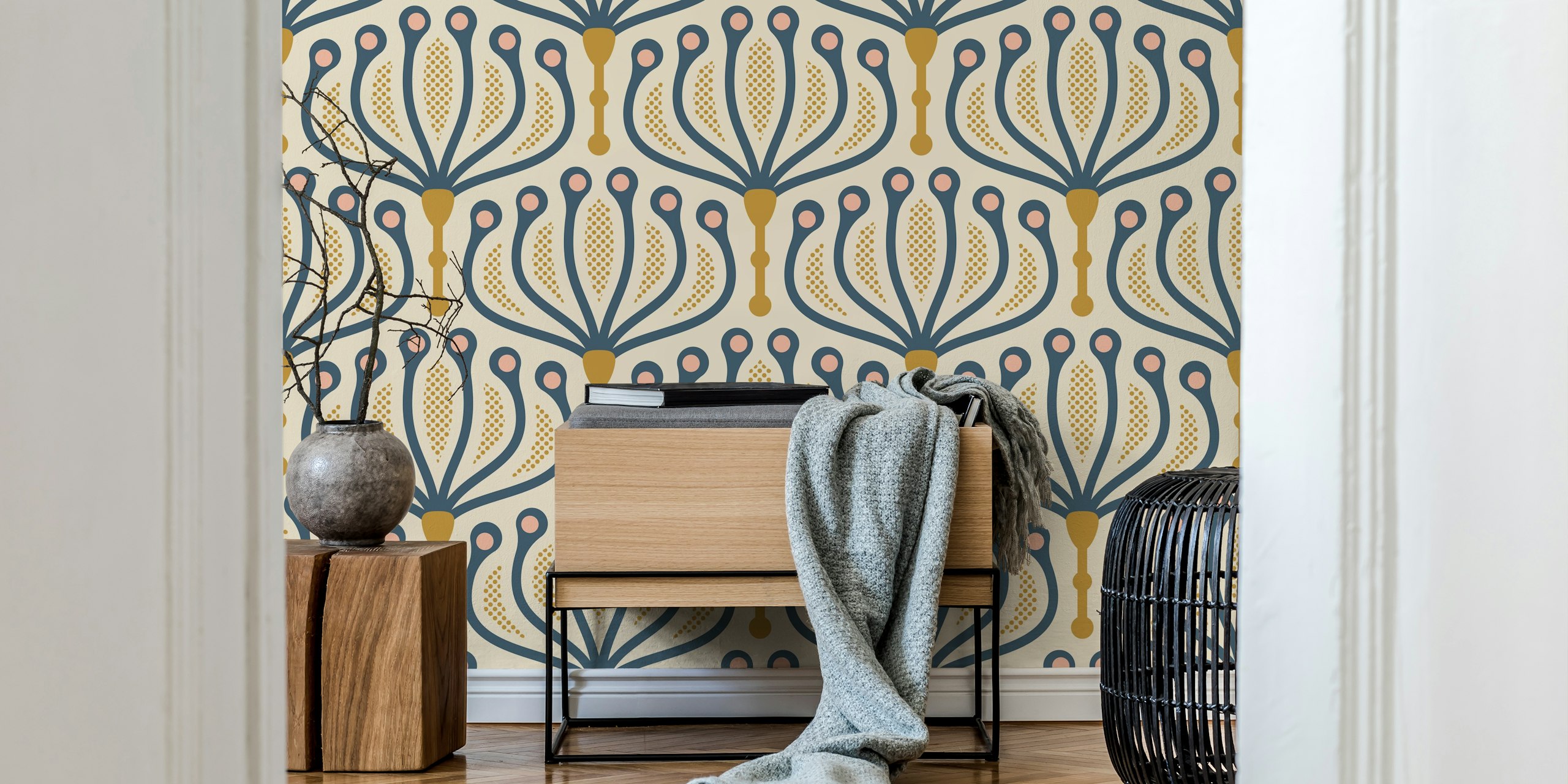 Floral geometric patterns in navy and gold on cream wallpaper