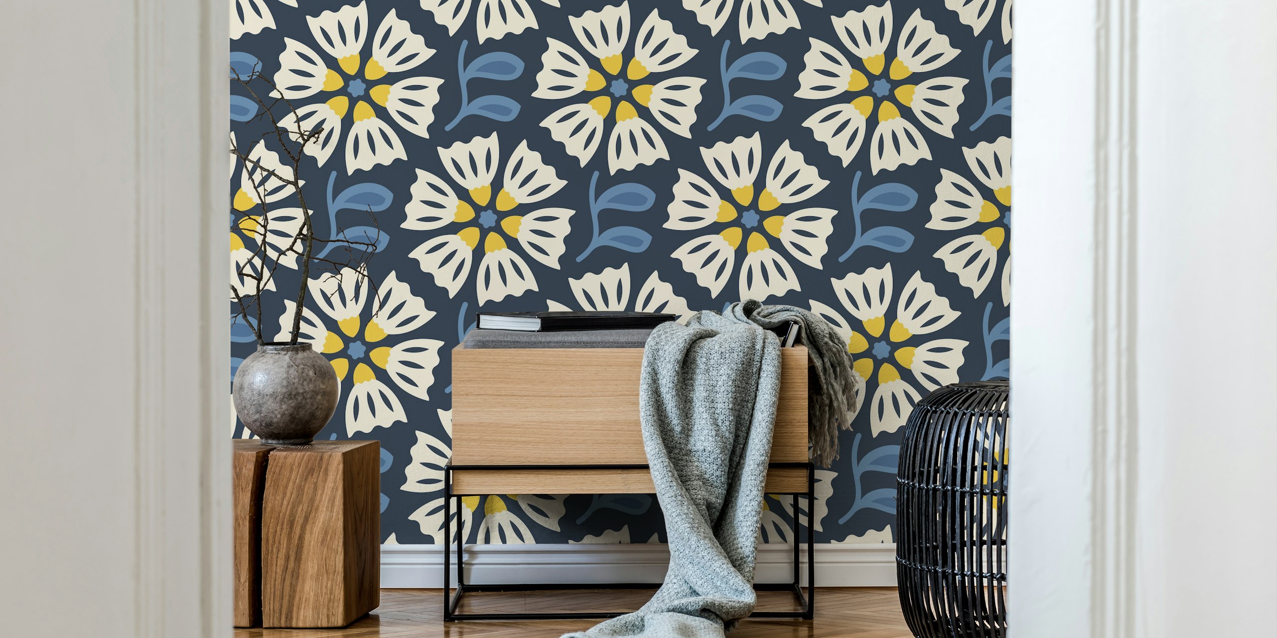 Floral wallpaper design in a room setting