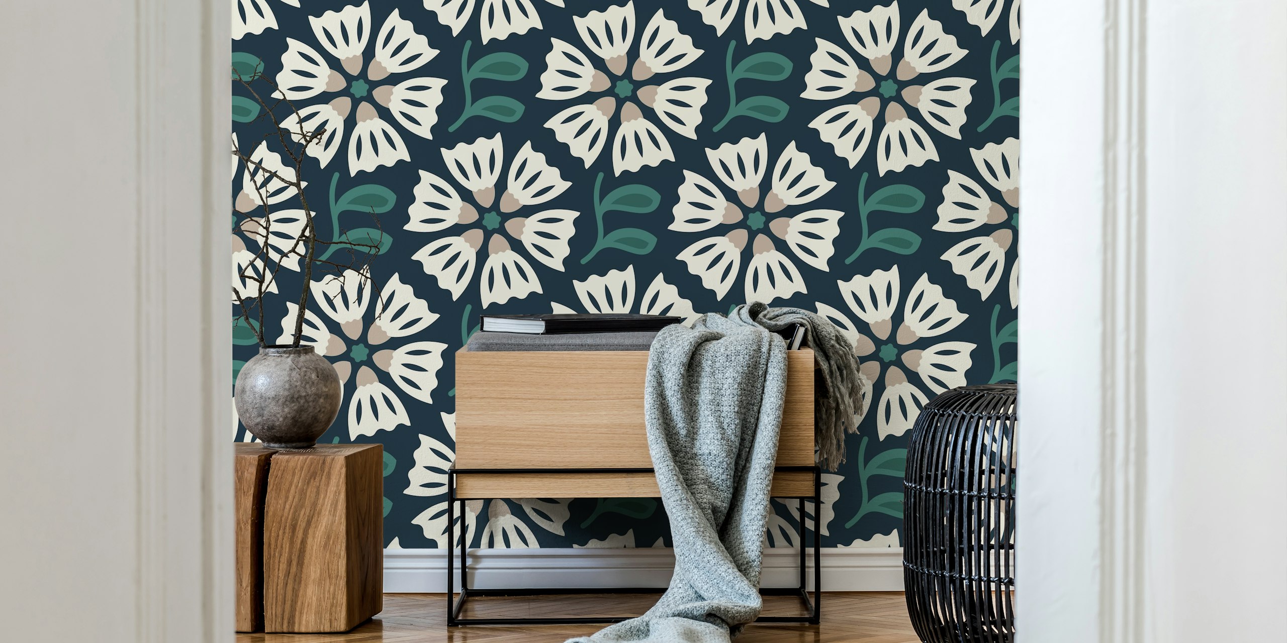 Retro Blossom Delight in Green floral wallpaper