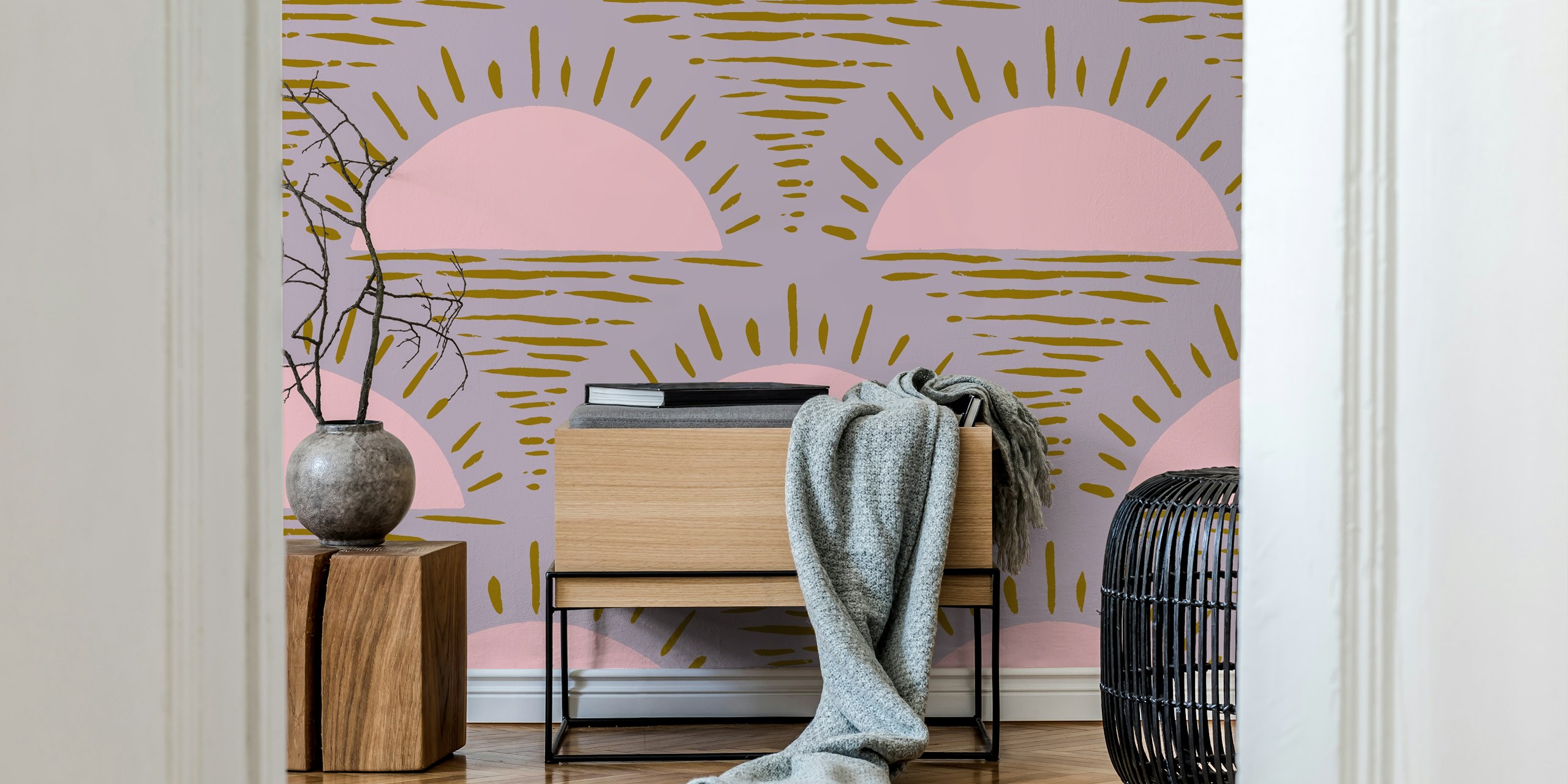 Hand-drawn rising sun design in purple and mustard wallpaper