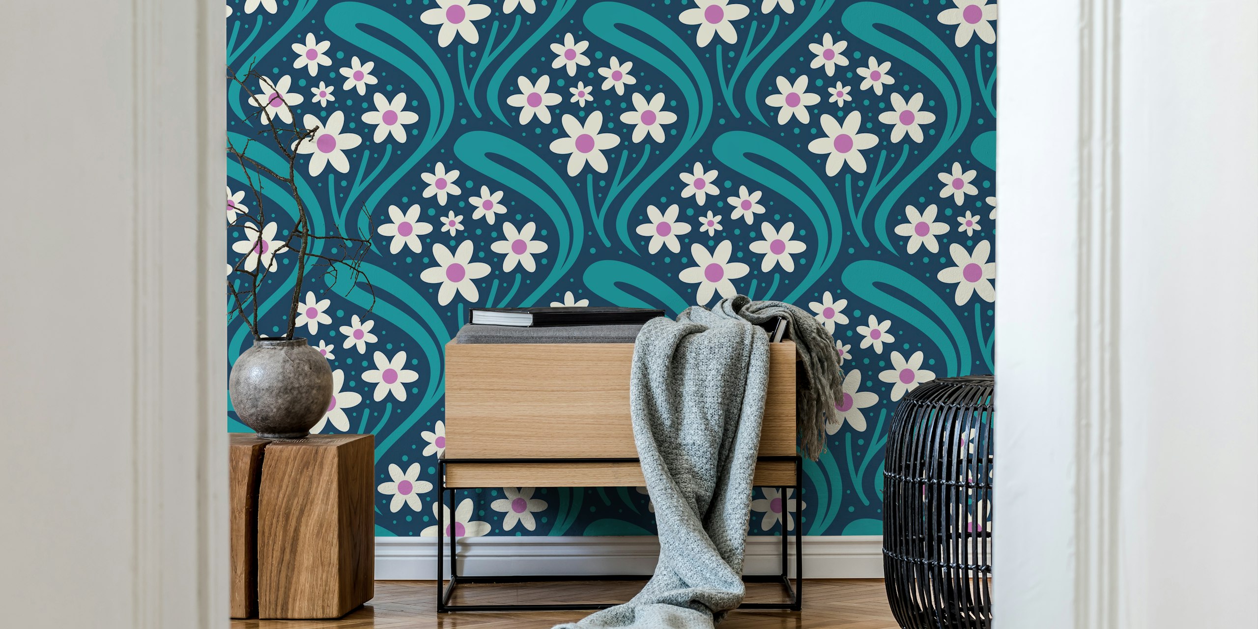 Teal floral wallpaper featuring white daisies and purple centers