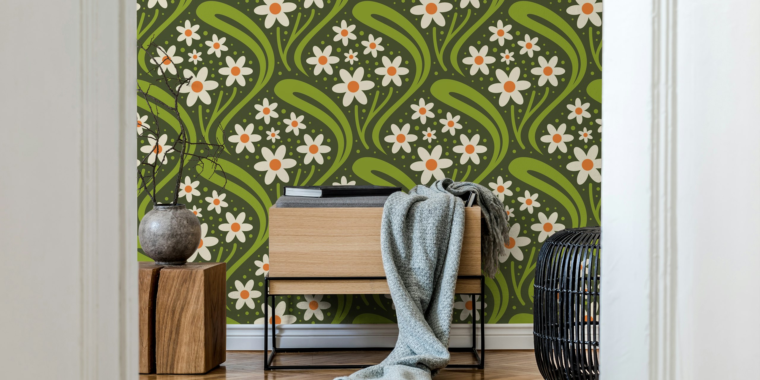 Vintage floral daisies with green leaves and orange centers wallpaper
