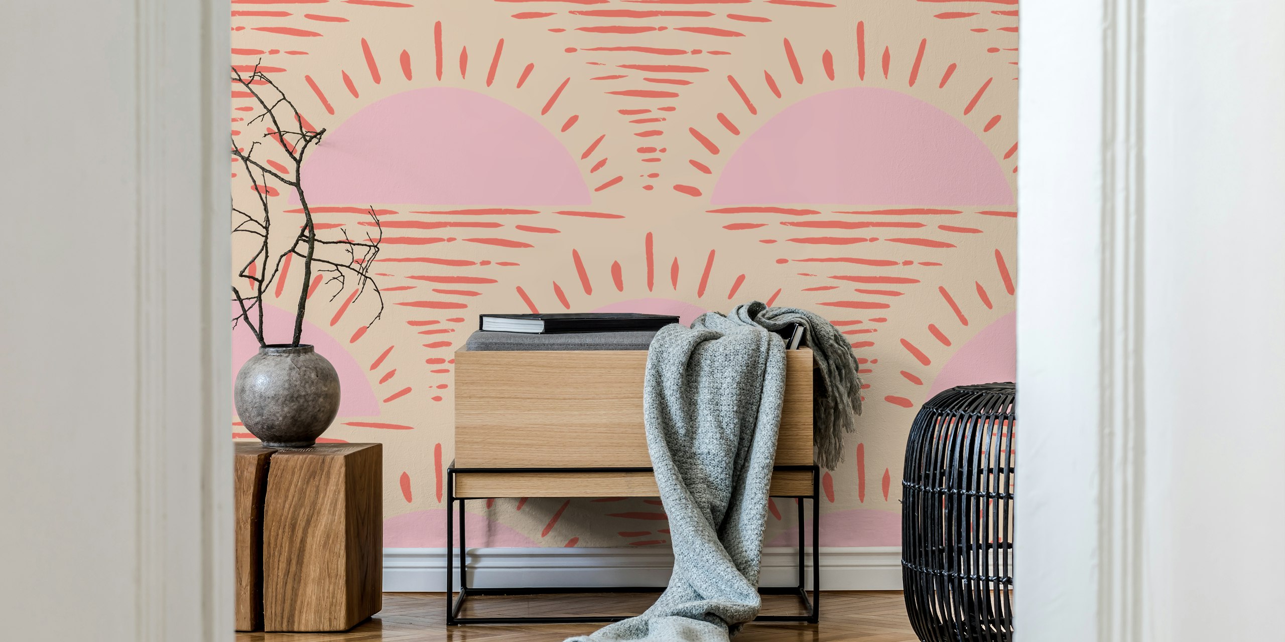Hand-drawn pink and red rising sun wallpaper