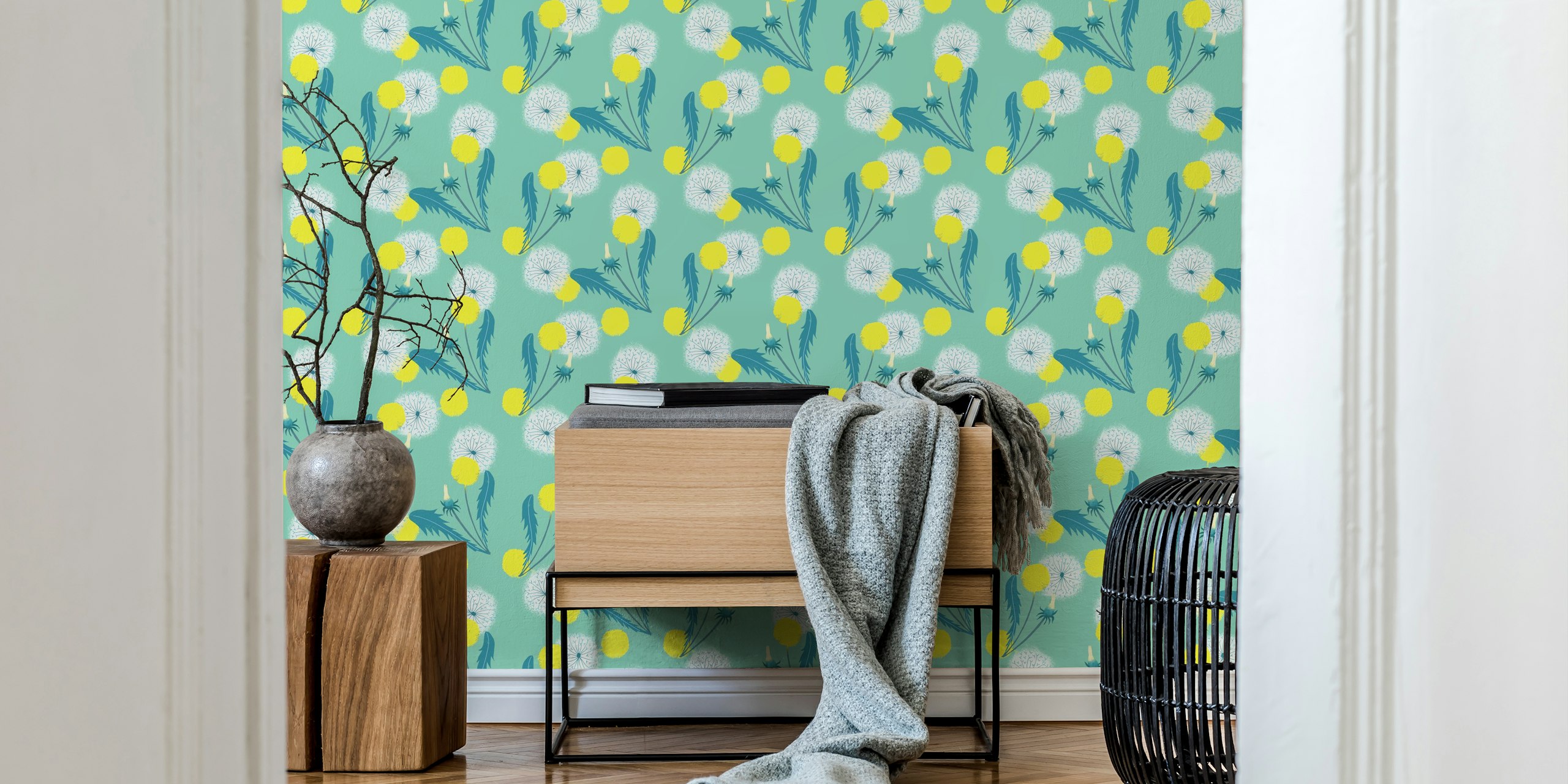 Dandelion mint wallpaper in a room setting